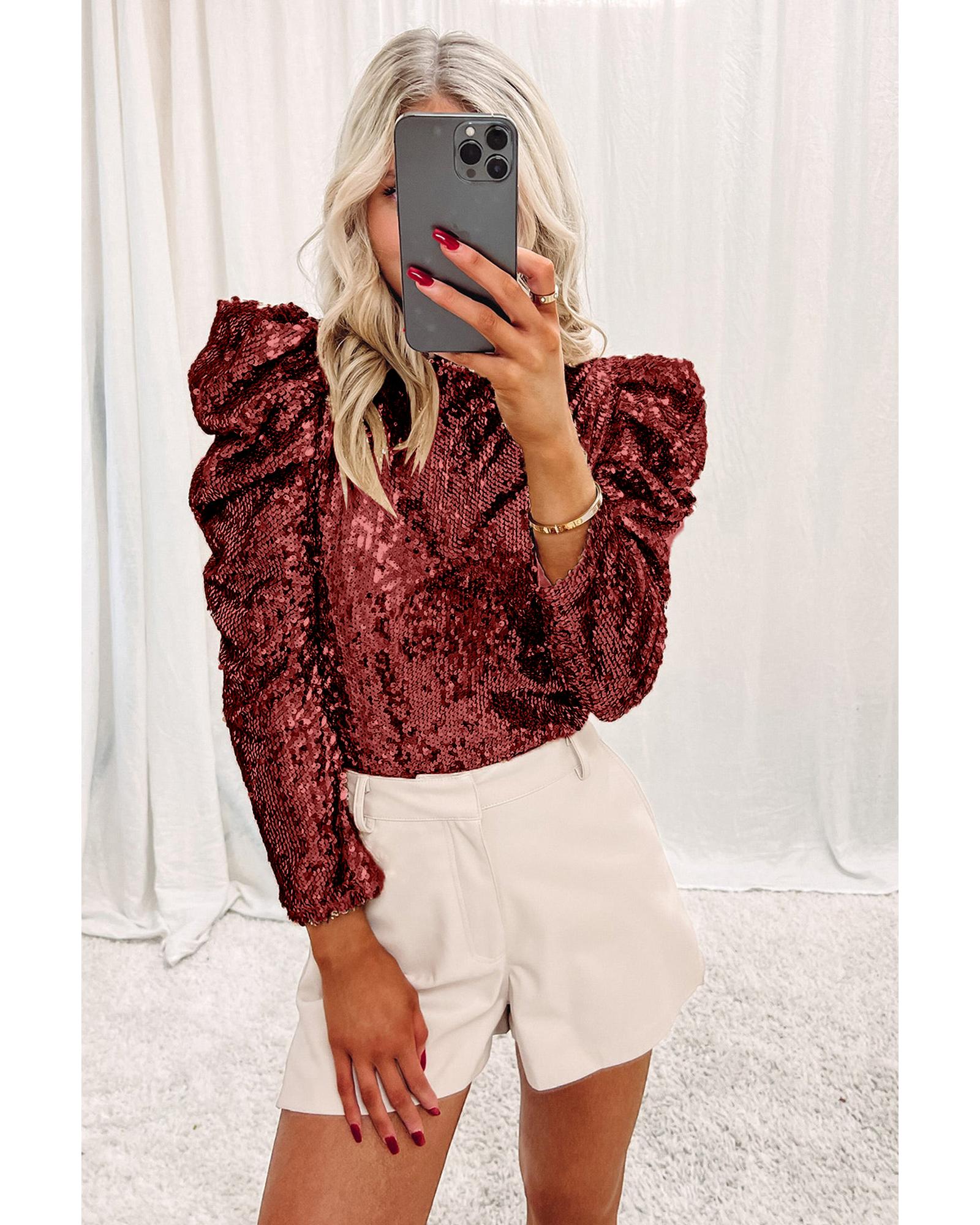V539-AZEXDC25123260-P503-M-202508271215-00 Burgundy Sequin Mock Neck Bubble Sleeve Top - M - Image 1