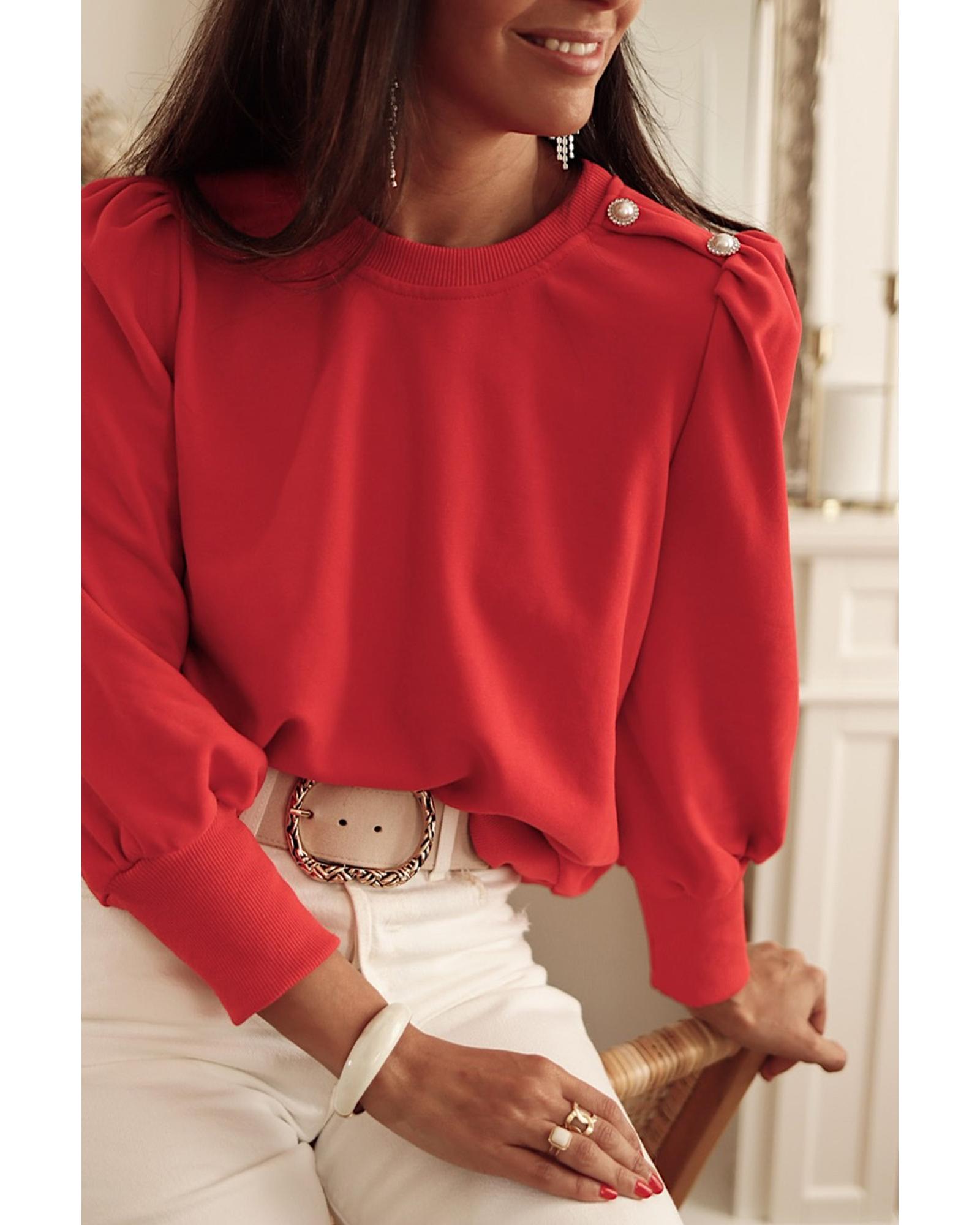 V539-AZEXDC25123311-3-L-202508280000-00 Red Button Tab Detail Long Sleeve Top - L - Image 1
