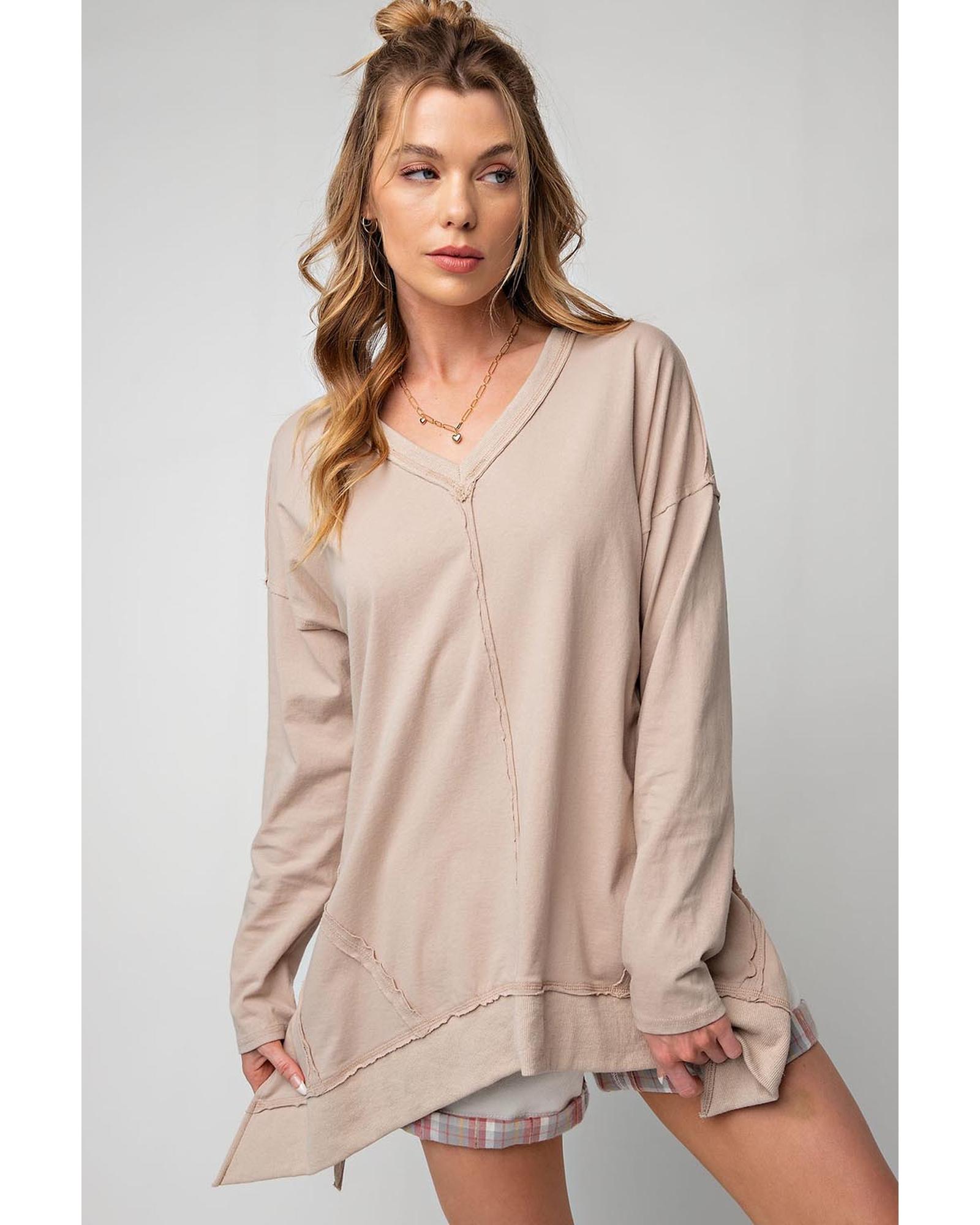 V539-AZEXDC25123312-18-S-202506112335-00 Apricot Exposed Seam V Neck Split Hem Tunic Top - S - Image 1