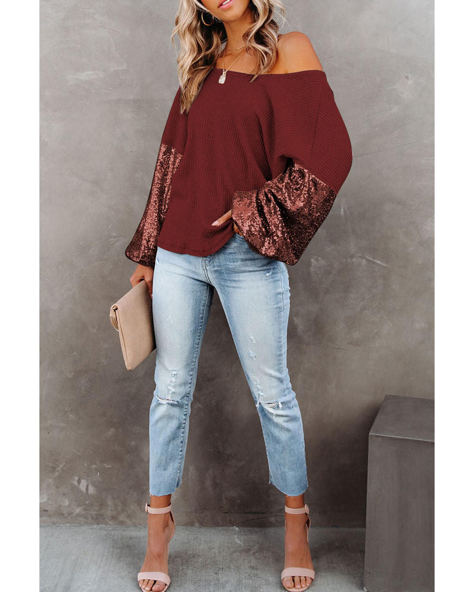 V539-AZEXDC25123326-P503-XL-202506112341-00 Biking Red Sequin Patchwork Sleeve Open Back Waffle Knit Top - XL - Image 1