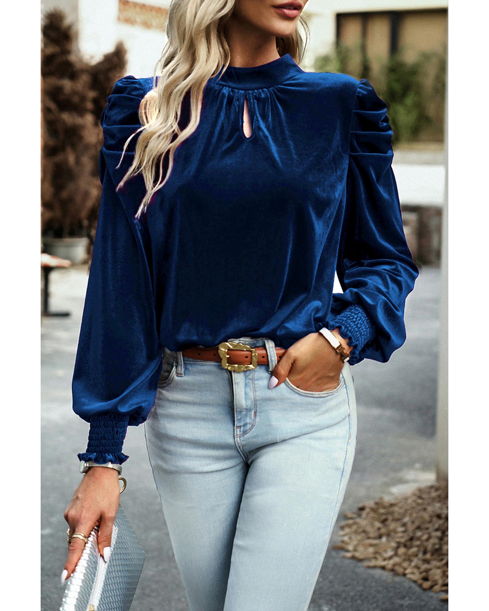 V539-AZEXDC25123529-P205-XL-202508270645-00 Sky Blue Fiery Mock Neck Puff Sleeve Velvet Blouse - XL - Image 1