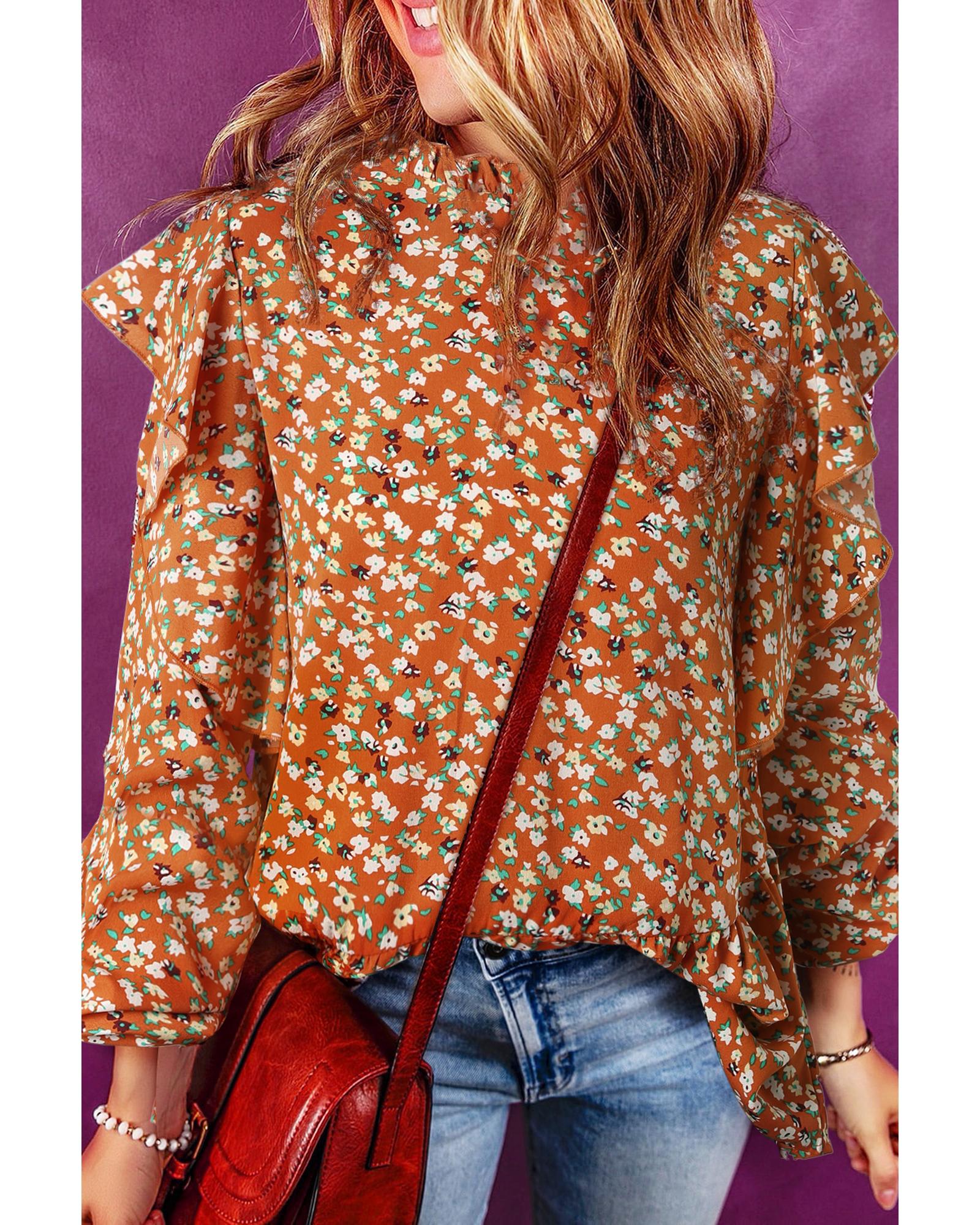V539-AZEXDC25123563-14-M-202506120035-00 Orange Ruffle Collar Long Sleeve Peplum Top - M - Image 1