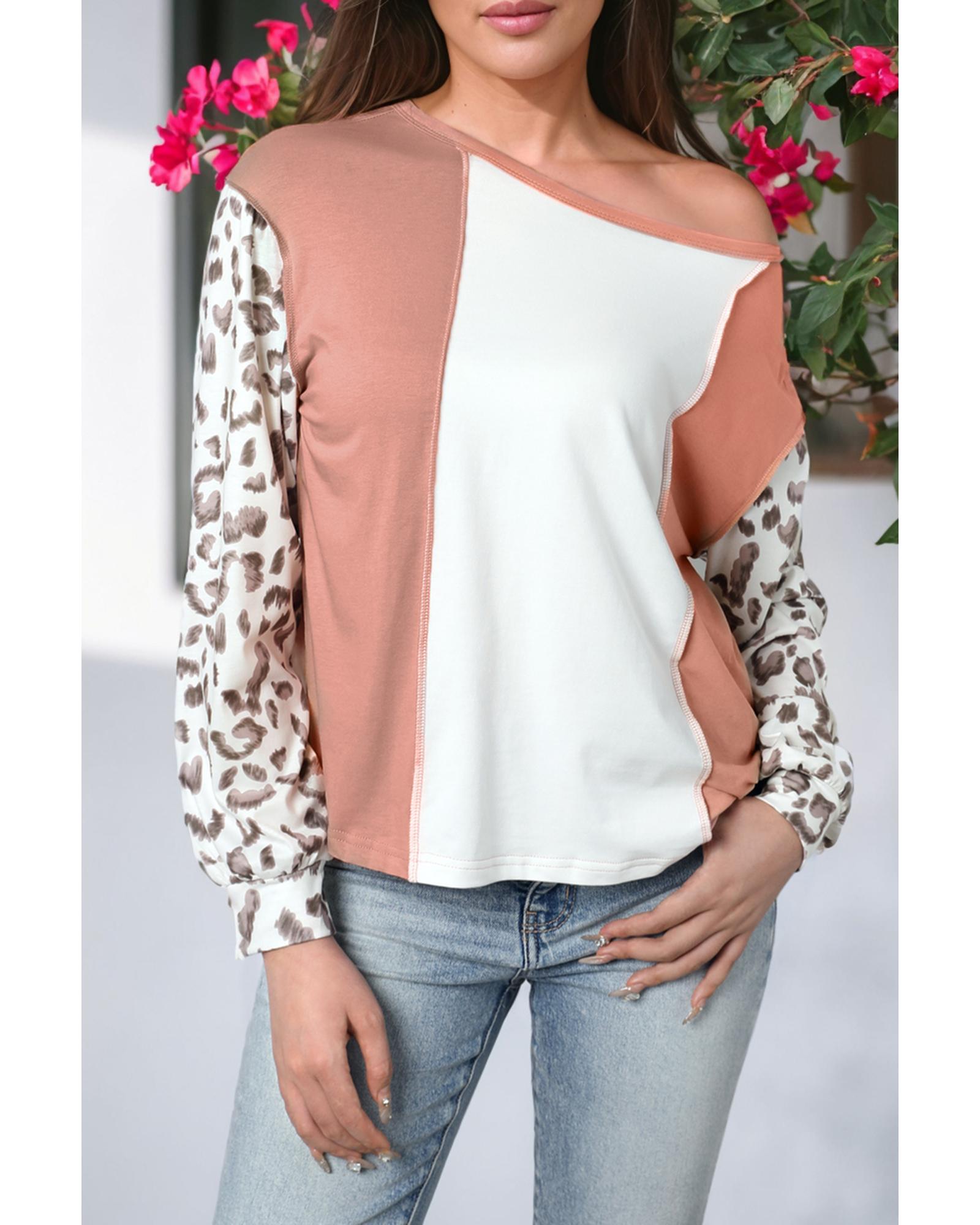 V539-AZEXDC25123582-18-L-202508270720-00 Apricot Colorblock Leopard Sleeve Patchwork Top - L - Image 1