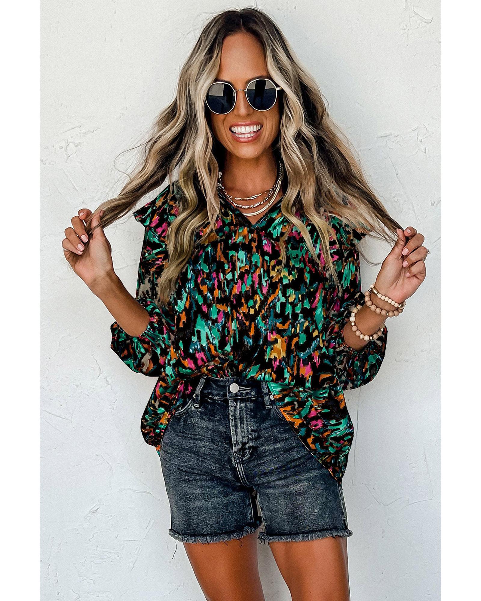 V539-AZEXDC25123718-P22-L-202508272325-00 Multicolour Abstract Print 3/4 Puff Sleeve Ruffle Blouse - L - Image 1