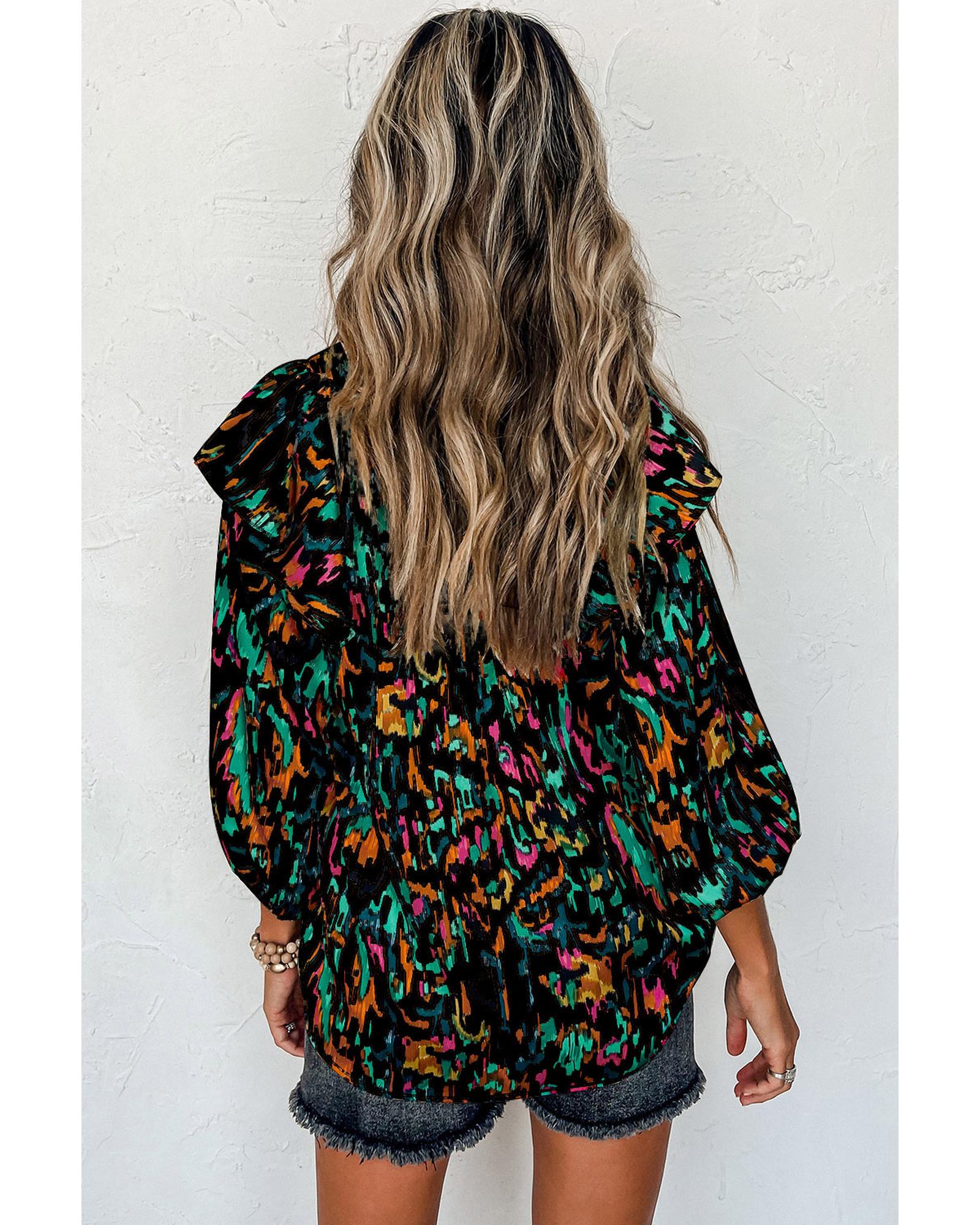 V539-AZEXDC25123718-P22-M-202508270100-00 Multicolour Abstract Print 3/4 Puff Sleeve Ruffle Blouse - M - Image 1