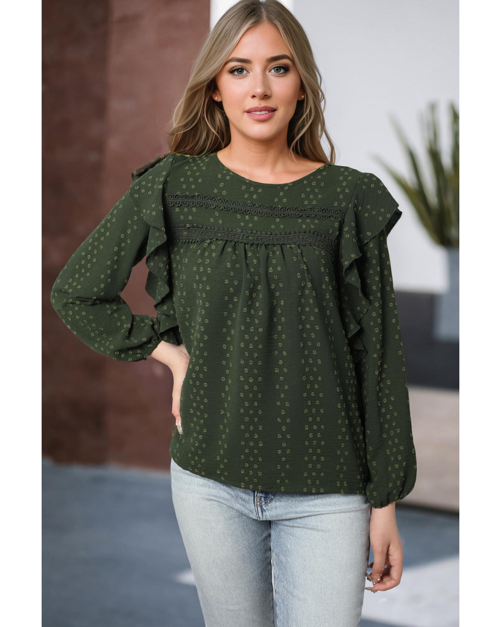 V539-AZEXDC25123781-P309-M-202508271105-00 Blackish Green Lace Eyelet Ruffle Shoulder Long Sleeve Blouse - M - Image 1