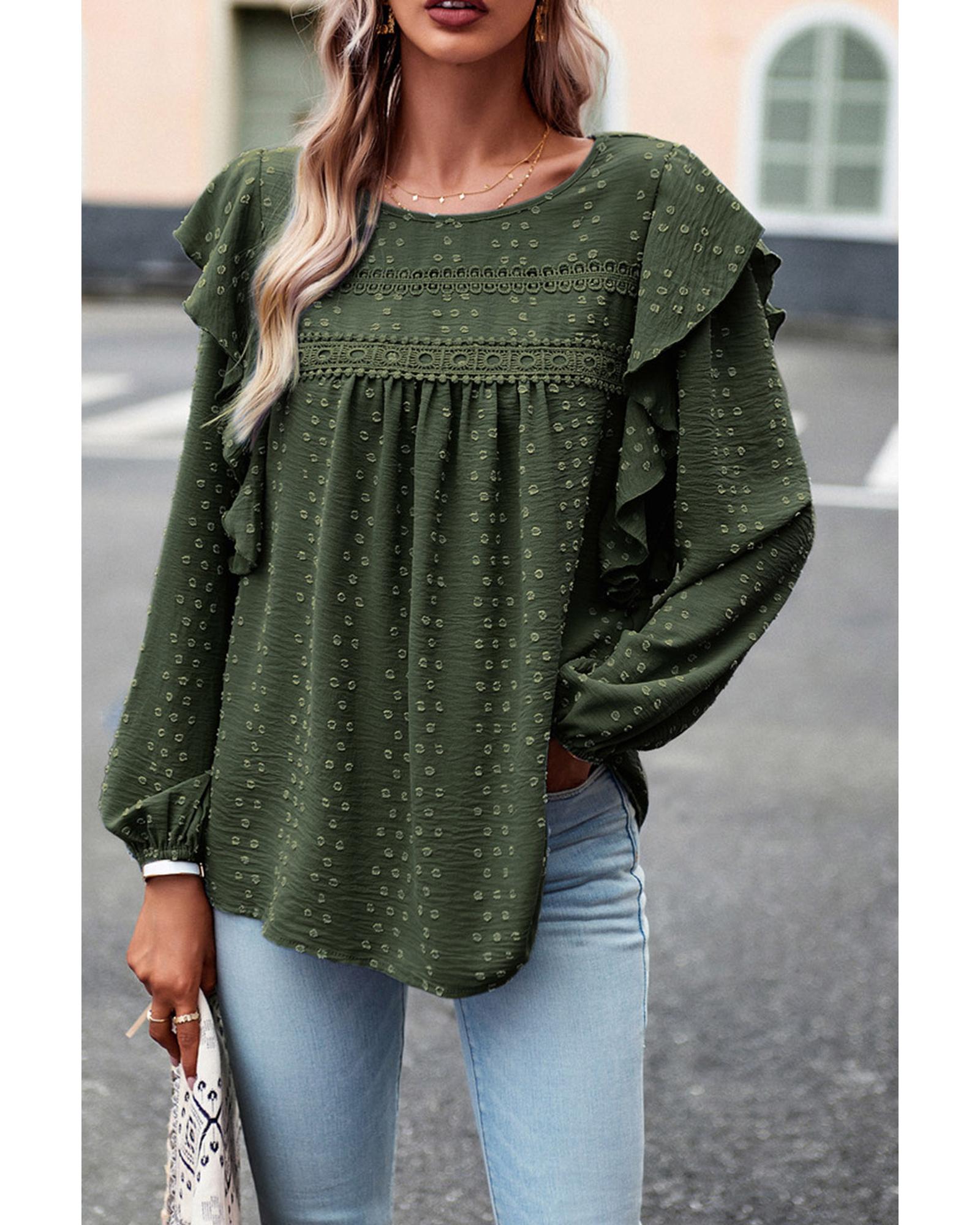 V539-AZEXDC25123781-P309-XL-202508271315-00 Blackish Green Lace Eyelet Ruffle Shoulder Long Sleeve Blouse - XL - Image 1
