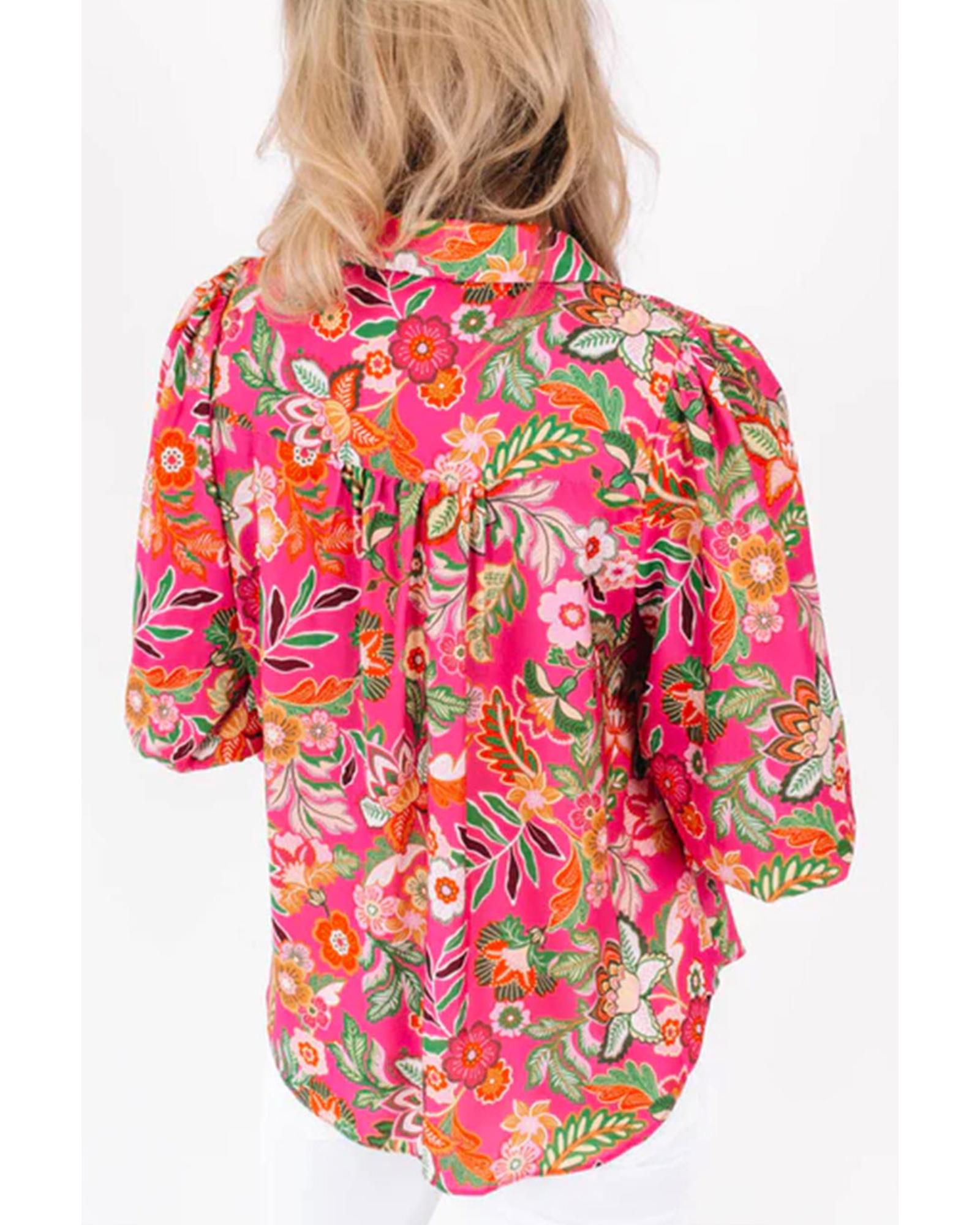V539-AZEXDC25123850-P306-S-202508270410-00 Strawberry Pink Floral Print Smocked Cuff Puff Sleeve Shirt - S - Image 1