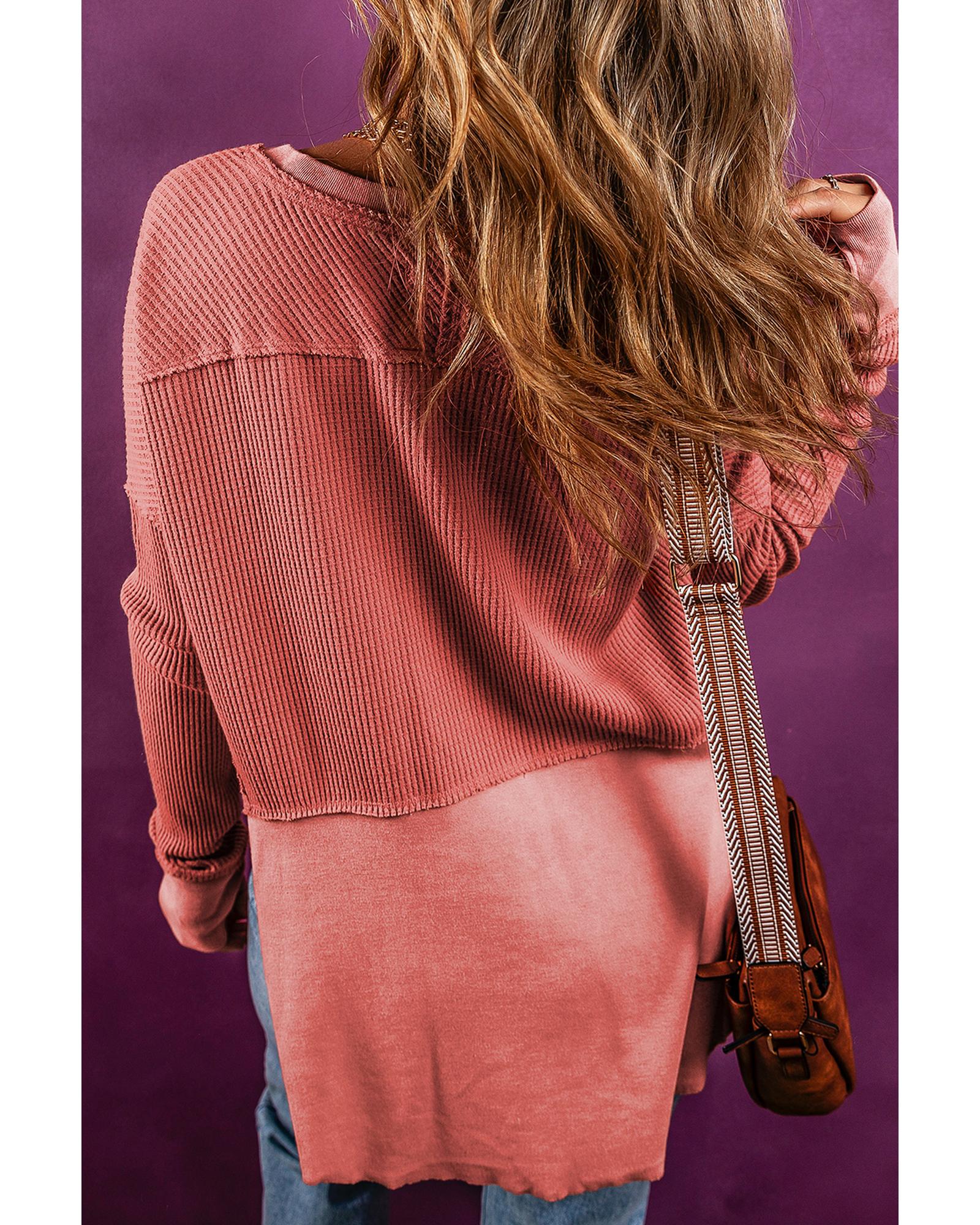 V539-AZEXDC25123879-P303-L-202508271410-00 Mineral Red Exposed Seam Slit Neck Waffle Knit Patchwork Top - L - Image 1