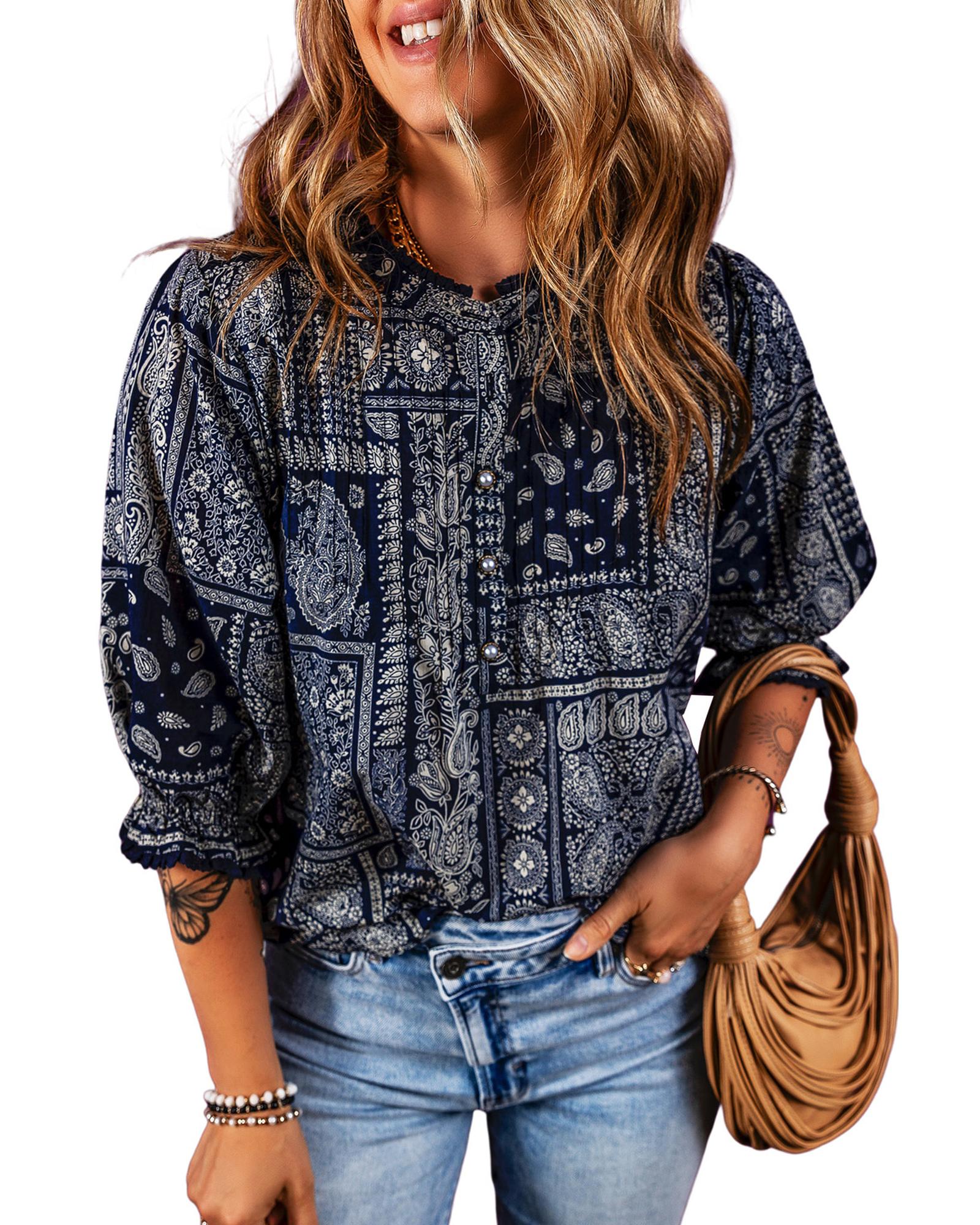 V539-AZEXDC25123882-P605-M-202508270140-00 Navy Blue Vintage Boho Paisley Print 3/4 Sleeve Blouse - M - Image 1