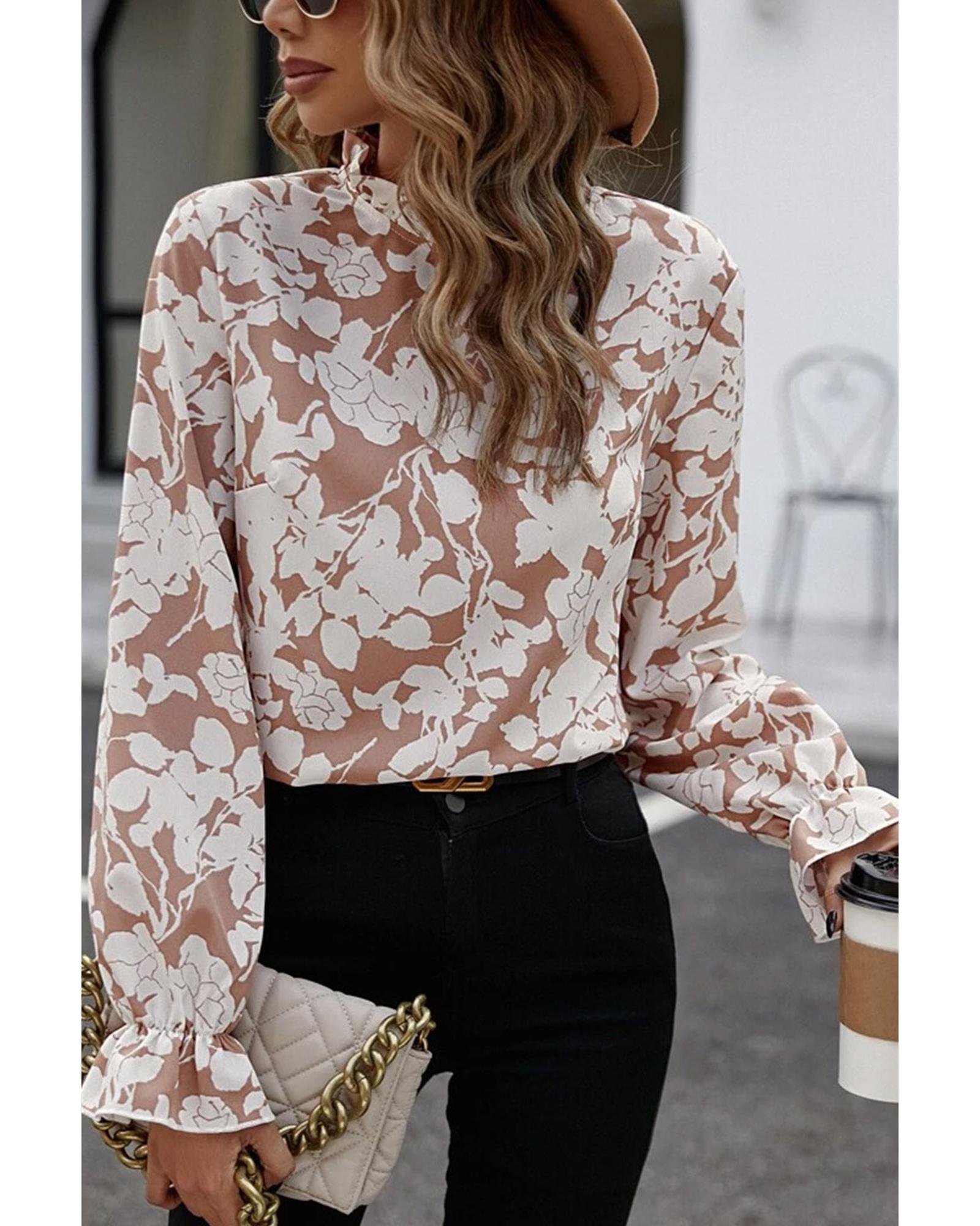 V539-AZEXDC25123894-P4016-S-202506120142-00 Flaxen Floral Print Frilled Neckline Flounce Sleeve Blouse - S - Image 1