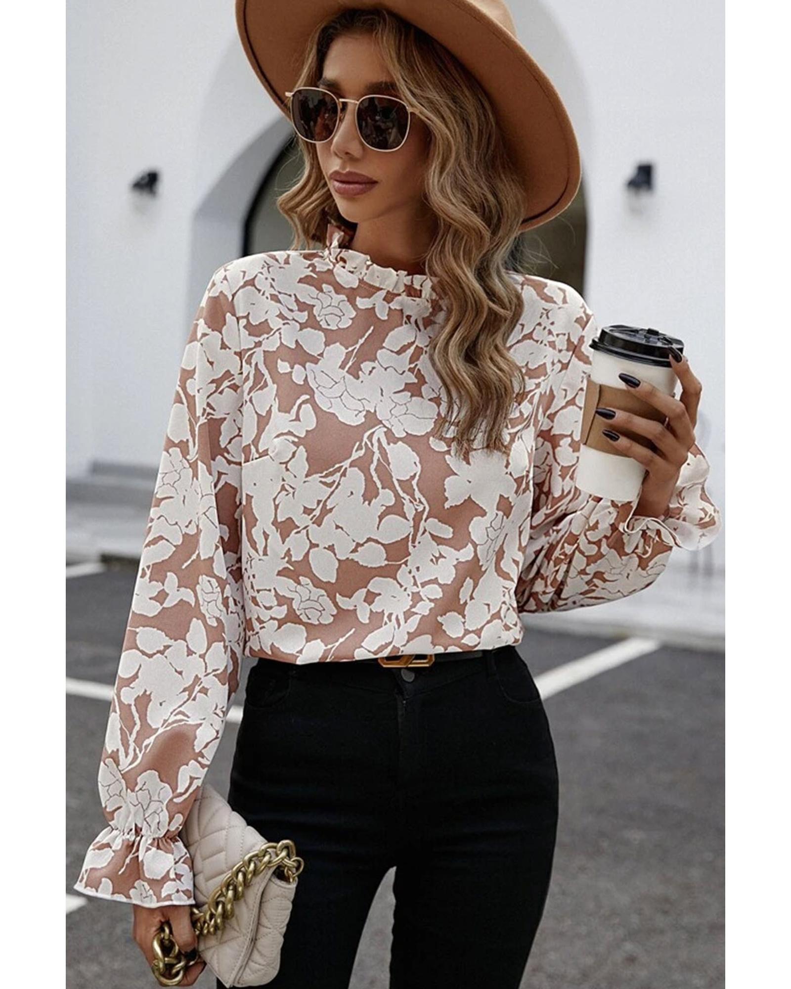 V539-AZEXDC25123894-P4016-XL-202508270715-00 Flaxen Floral Print Frilled Neckline Flounce Sleeve Blouse - XL - Image 1