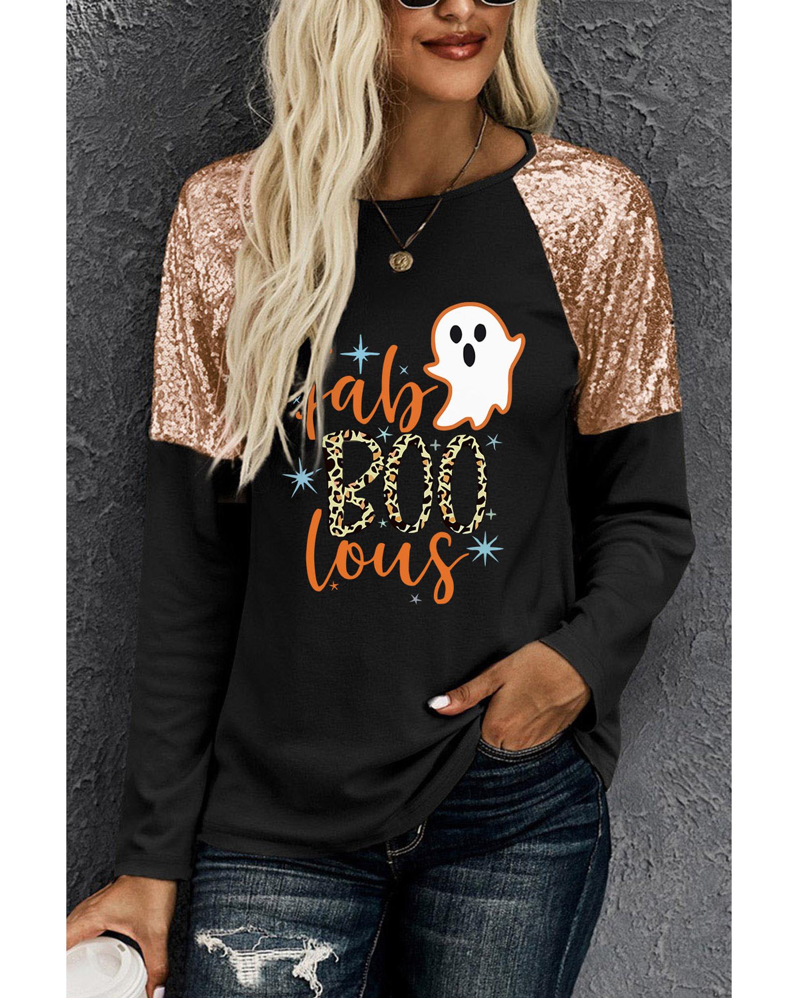 V539-AZEXDC25123973-2-S-202506120152-00 Black Leopard Boo Ghost Graphic Sequin Raglan Sleeve Top - S - Image 1