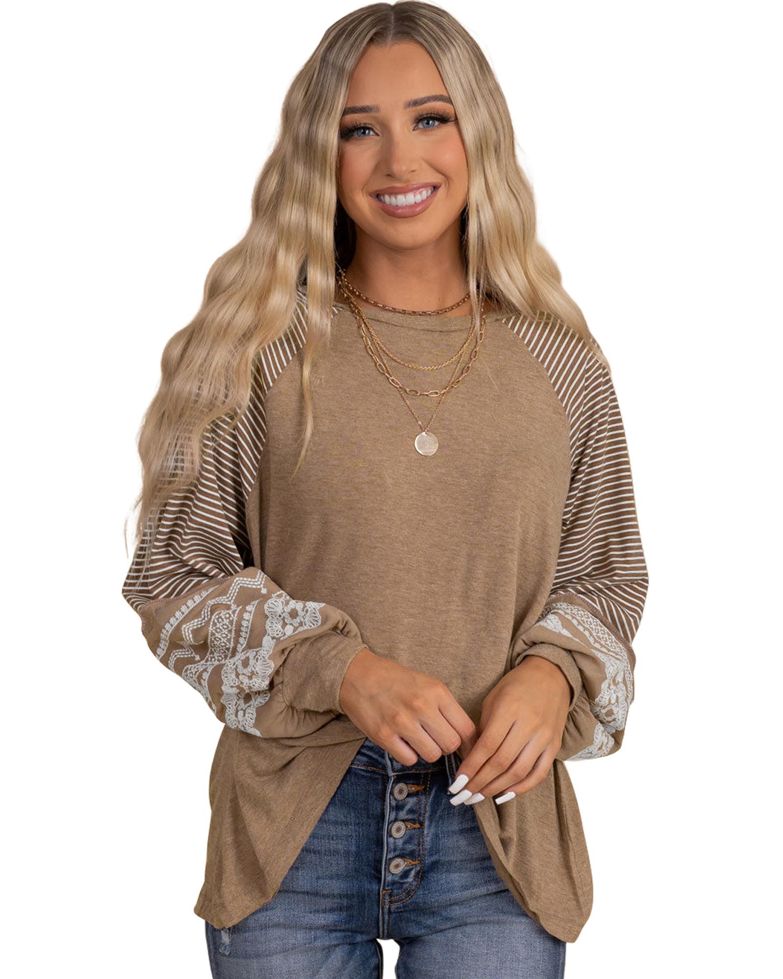 V539-AZEXDC25123991-P4016-M-202506120153-00 Light French Beige Floral Striped Patchwork Loose Long Sleeve Top - M - Image 1