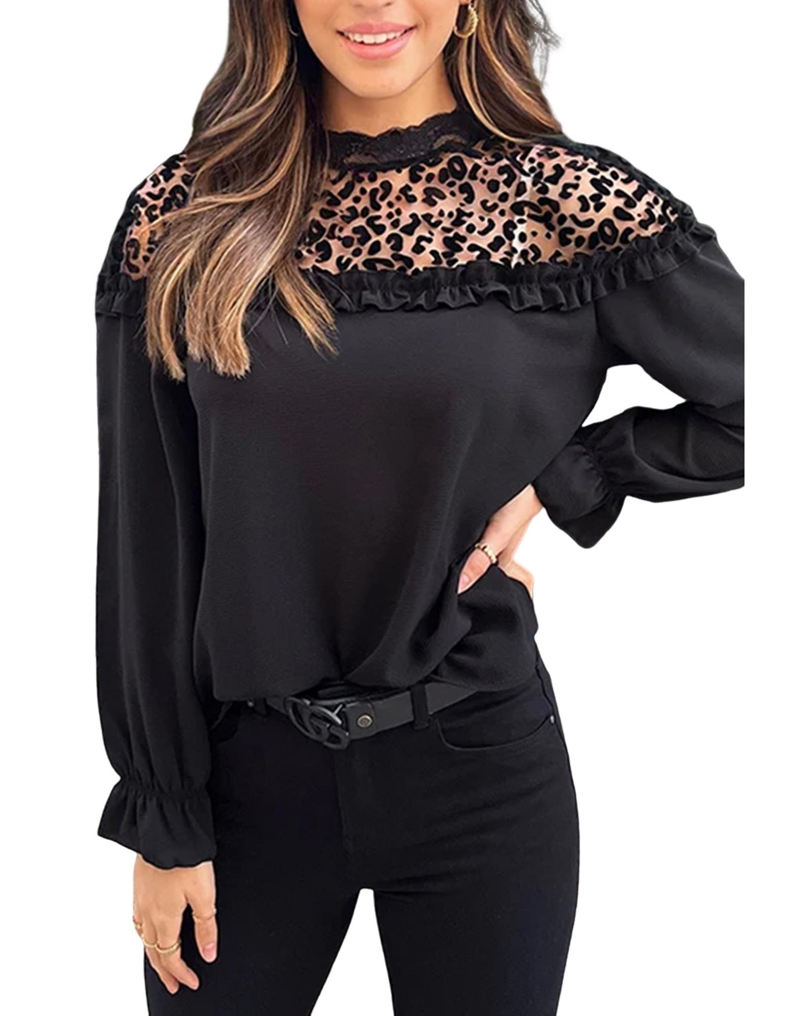 V539-AZEXDC25124089-P2-M-202508271810-00 Black Leopard Mesh Splicing Ruffle Long Sleeve Blouse - M - Image 1