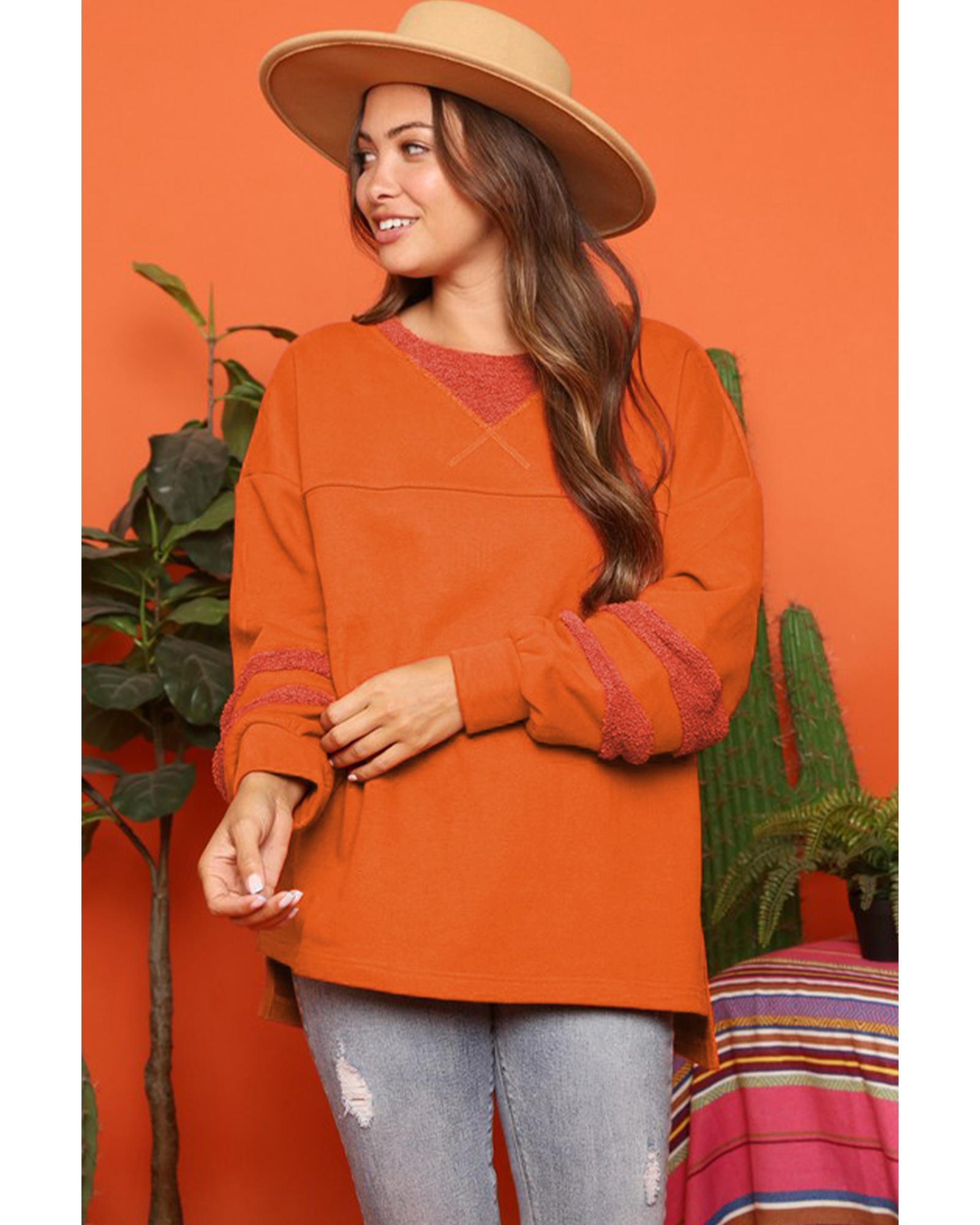 V539-AZEXDC25124221-P1014-XL-202508271140-00 Carrot Fleece Patchwork Side Slits High Low Sweatshirt - XL - Image 1