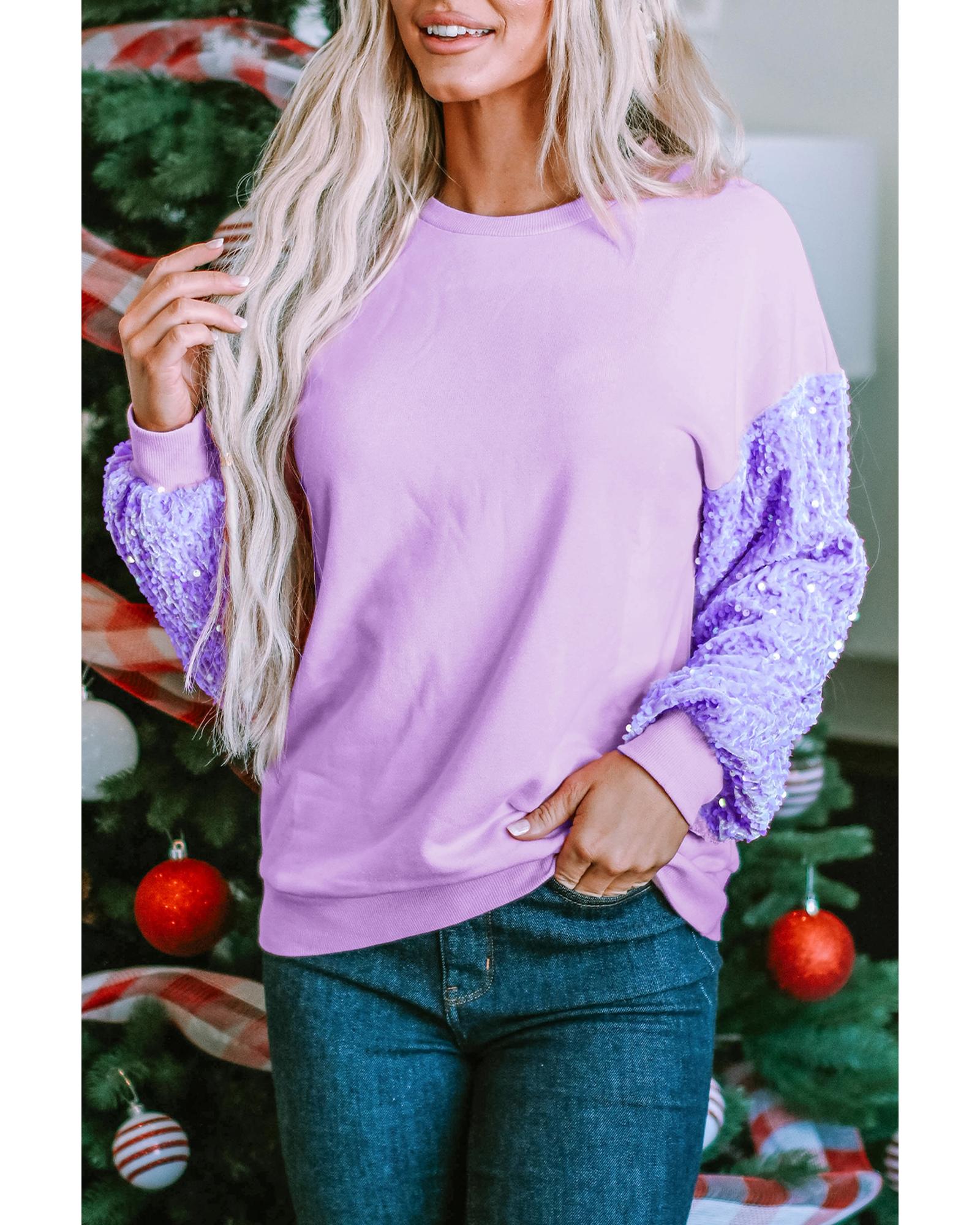 V539-AZEXDC25124364-P708-L-202508270740-00 Orchid Petal Sequin Patchwork Long Sleeve Pullover Top - L - Image 1