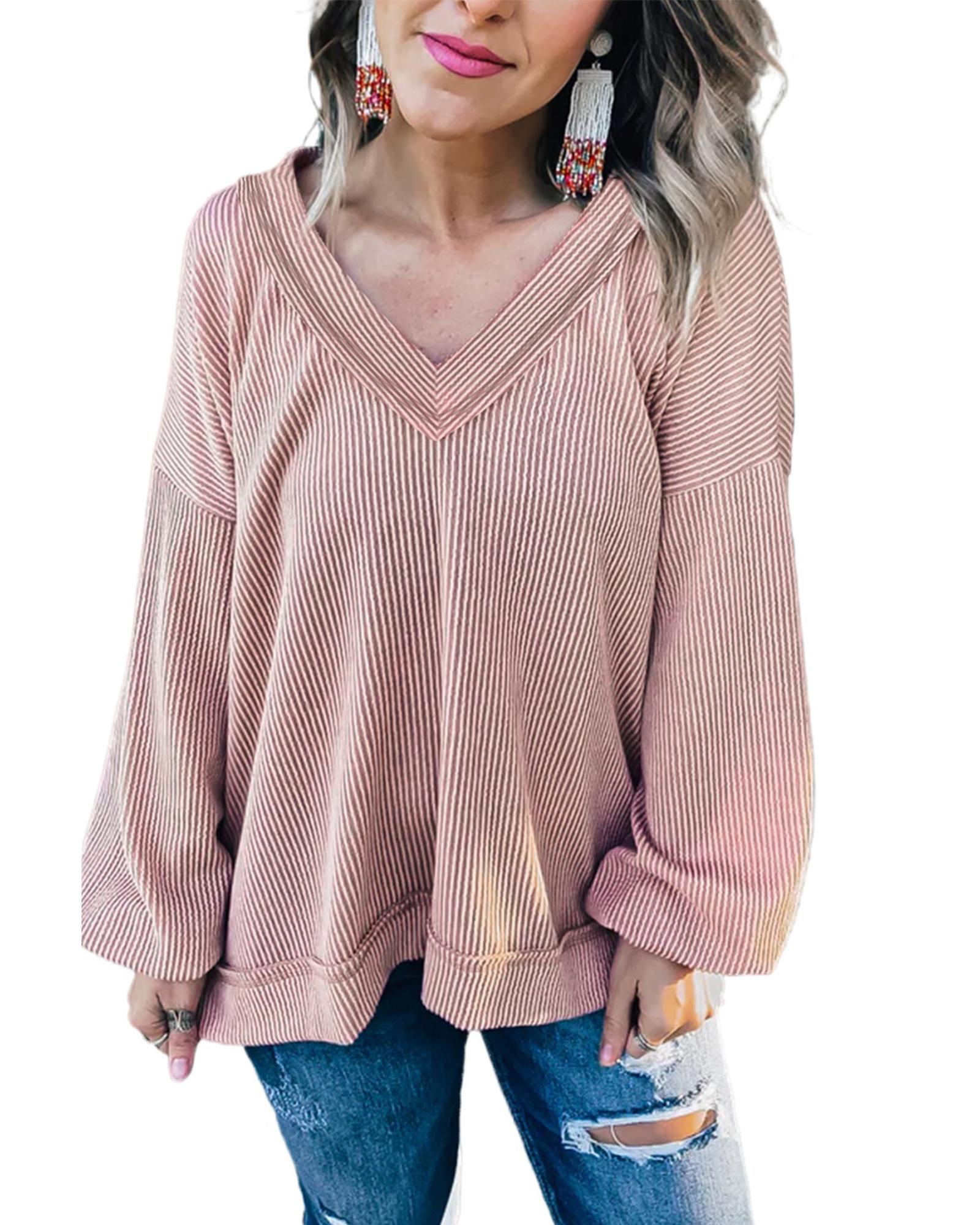 V539-AZEXDC25124409-P4010-M-202508271350-00 Peach Blossom Loose V Neck Bubble Sleeve Knit Ribbed Top - M - Image 1