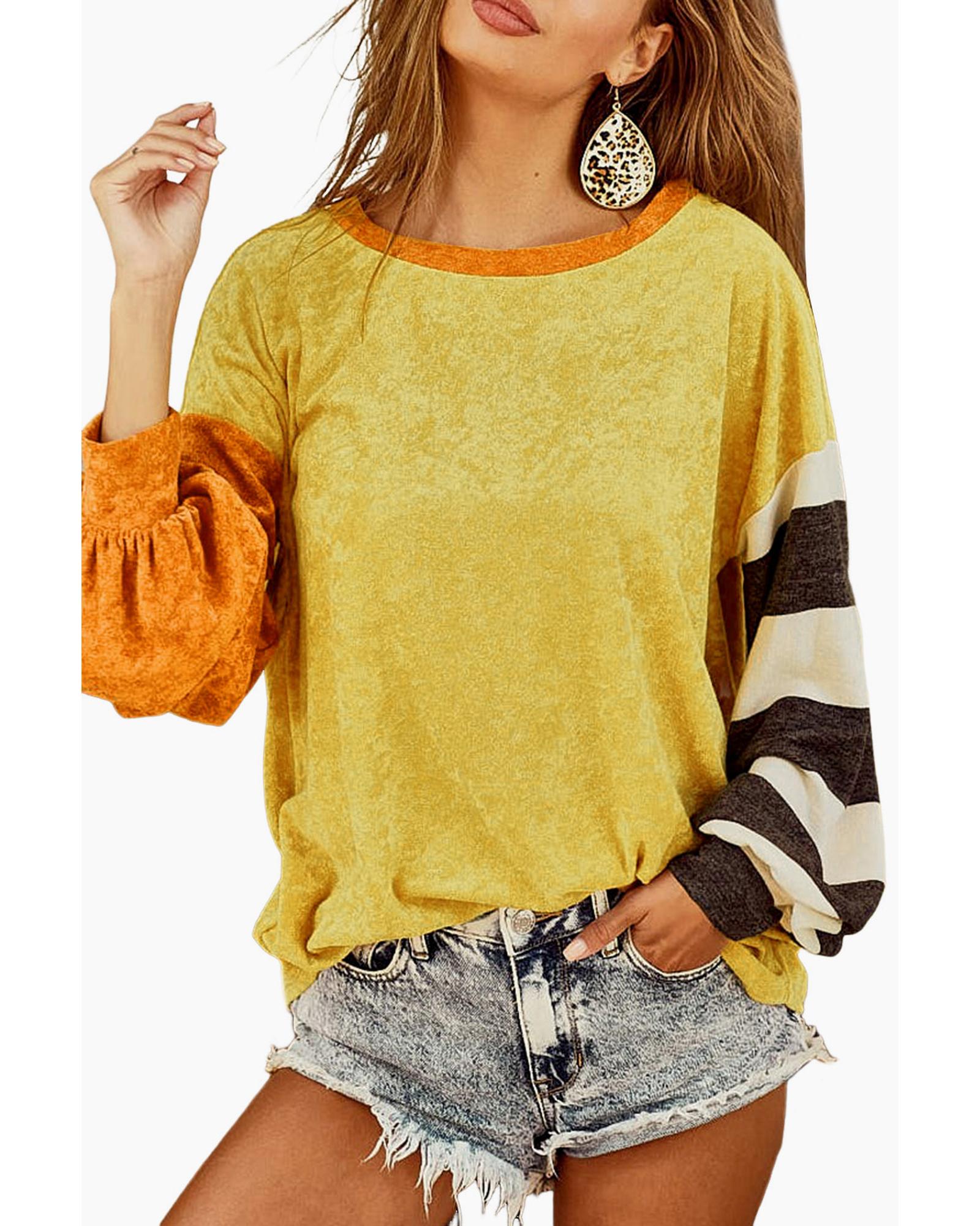 V539-AZEXDC25124515-P307-XL-202508271115-00 Ginger Colorblock Striped Sleeve Patchwork Drop Shoulder Top - XL - Image 1