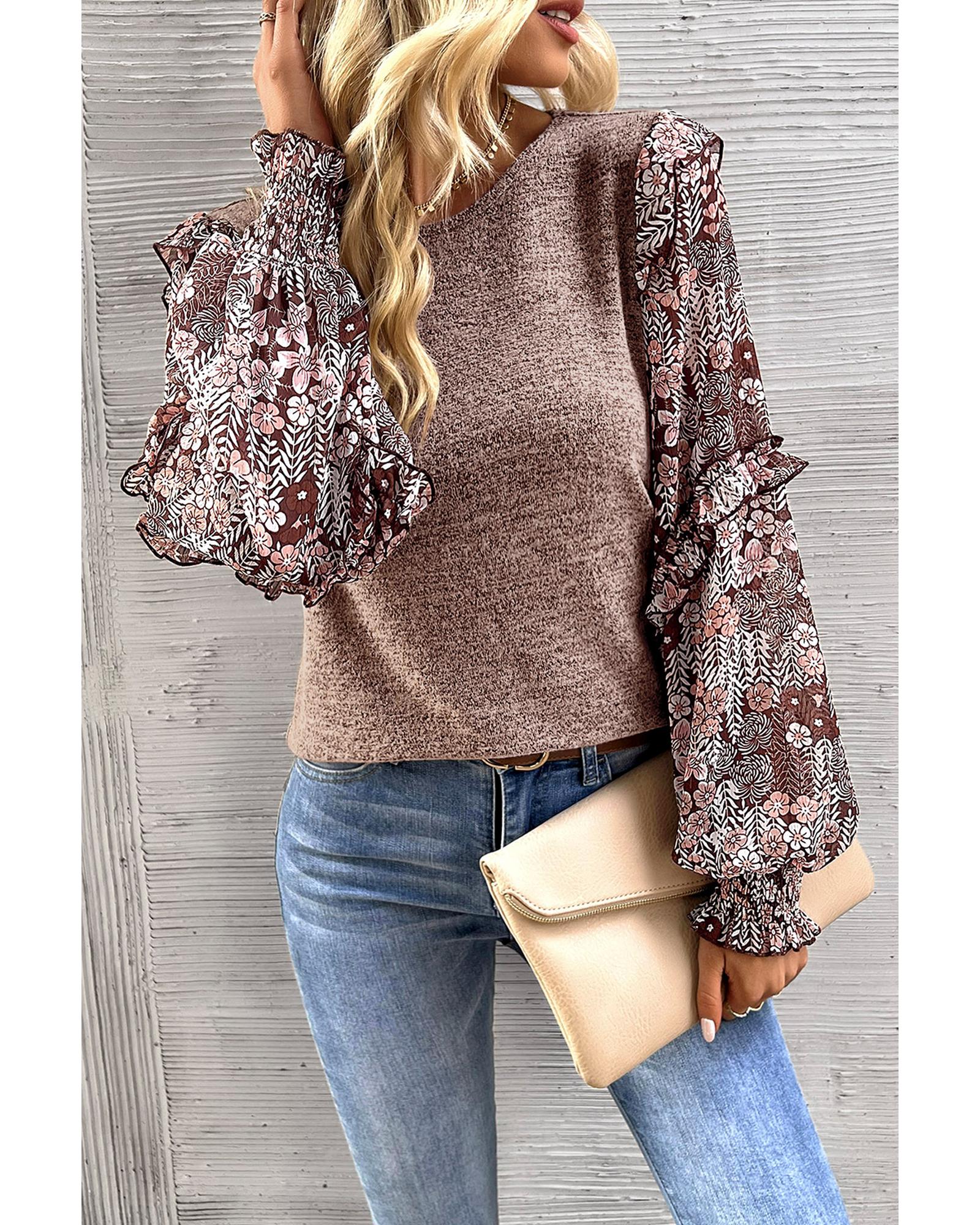 V539-AZEXDC25124544-P2010-L-202508271720-00 Pale Chestnut Ruffle Tiered Floral Sleeve Crew Neck Blouse - L - Image 1