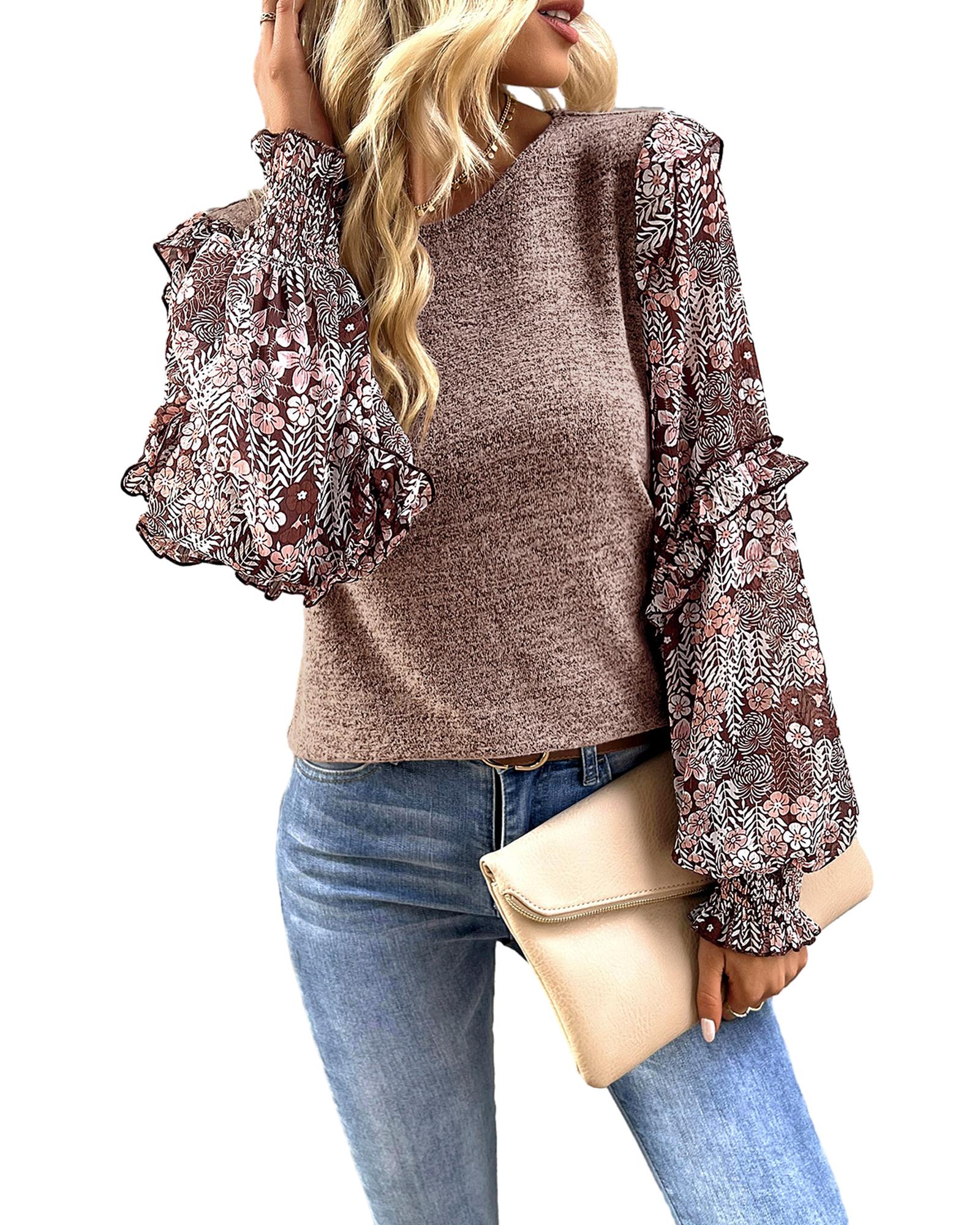 V539-AZEXDC25124544-P2010-XL-202508272130-00 Pale Chestnut Ruffle Tiered Floral Sleeve Crew Neck Blouse - XL - Image 1