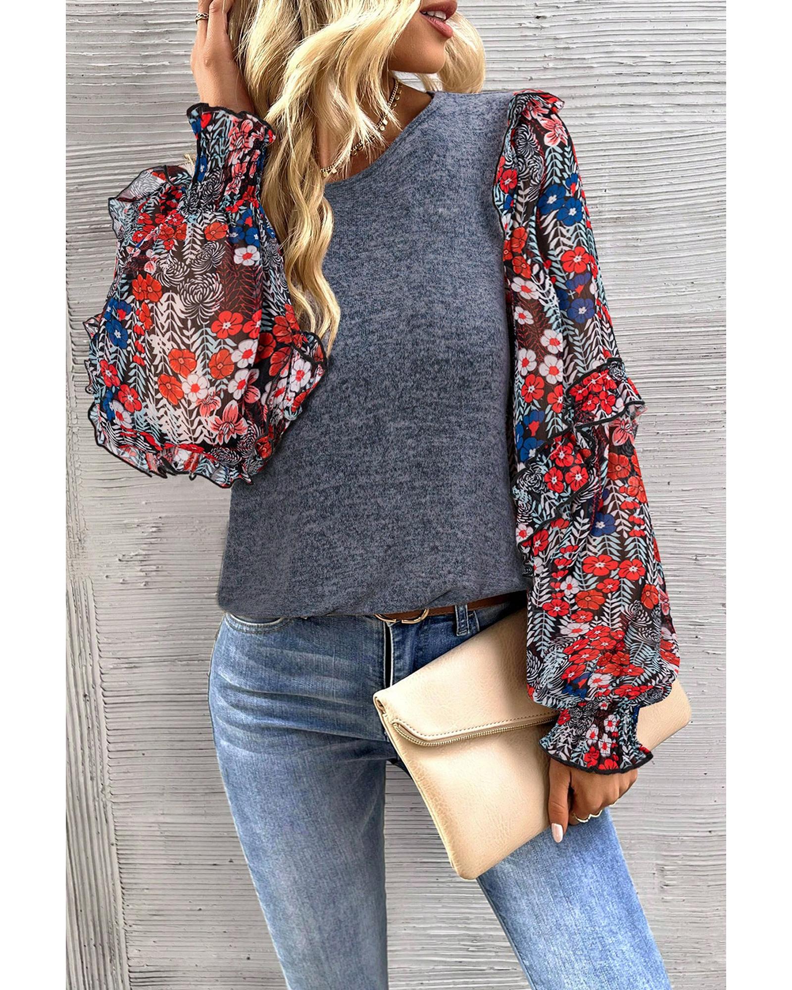 V539-AZEXDC25124544-P520-S-202506112053-00 Blue Ruffle Tiered Floral Sleeve Crew Neck Blouse - S - Image 1