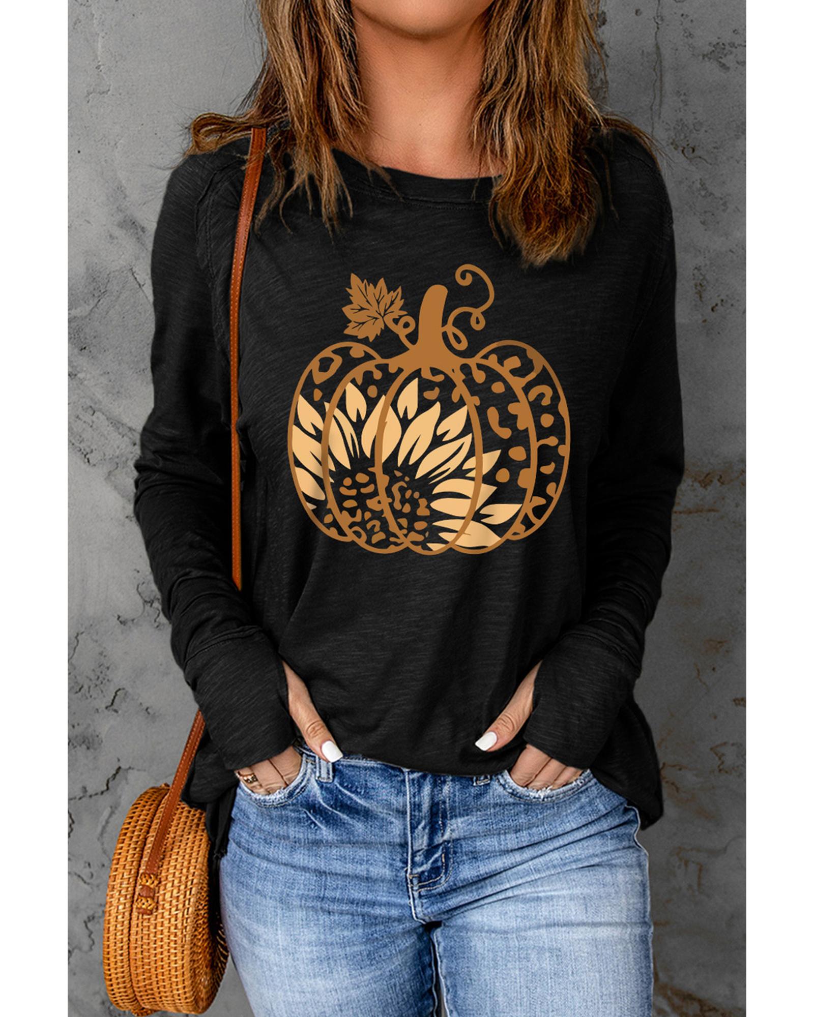 V539-AZEXDC25124693-2-M-202508271205-00 Black Sunflower Pumpkin Graphic Thumbhole Sleeve Top - M - Image 1