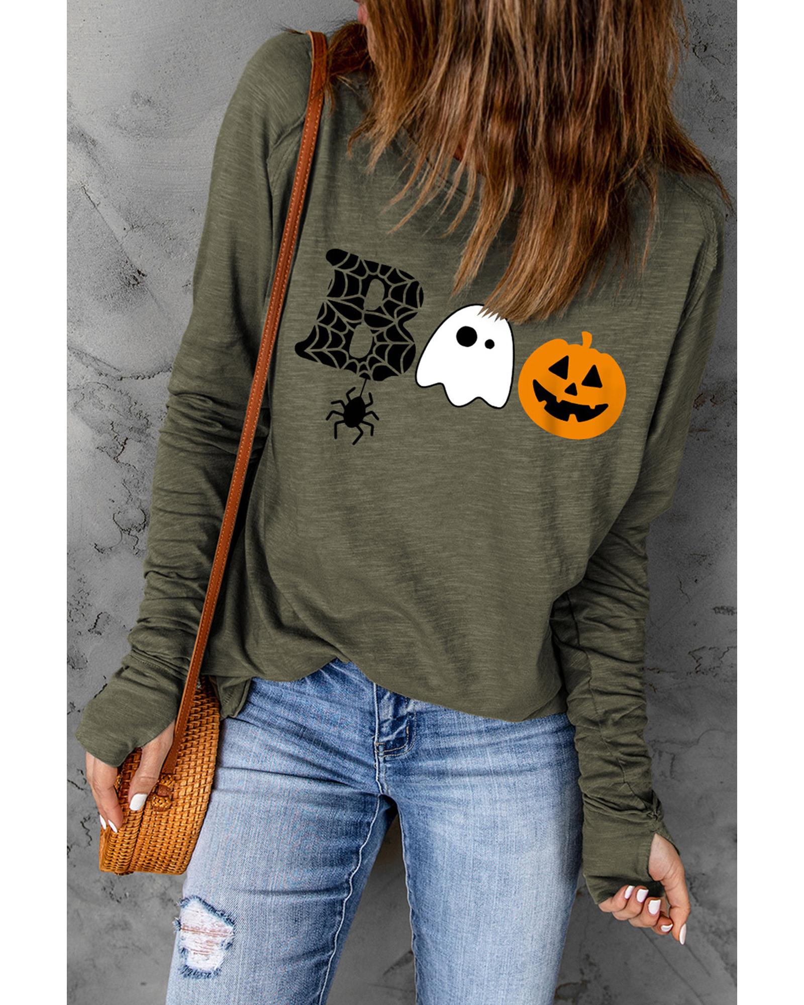 V539-AZEXDC25124699-9-S-202506112116-00 Green Halloween BOO Print Long Sleeve Graphic T Shirt - S - Image 1