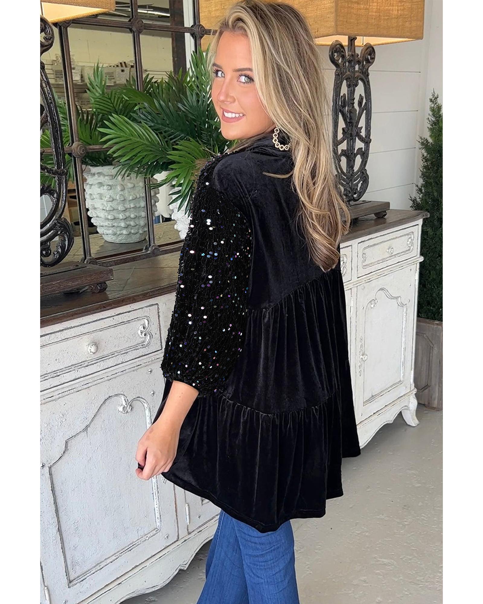 V539-AZEXDC25124856-P2-M-202508270755-00 Black Sequin Puff Sleeve Buttoned Velvet Peplum Shirt - M - Image 1