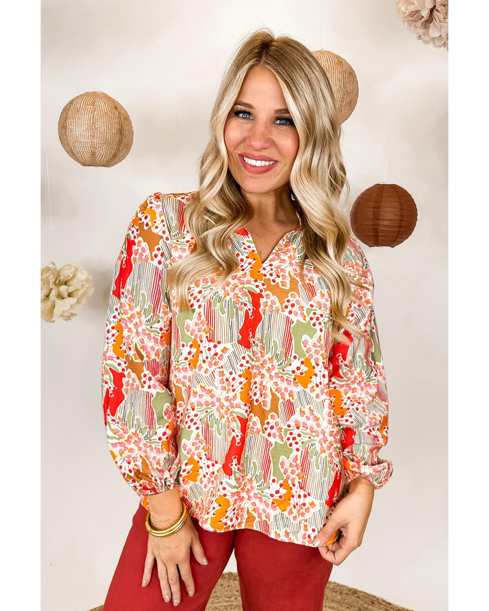 V539-AZEXDC25124919-P1420-XL-202508272130-00 Orange Printed Split V Neck Puff Sleeve Blouse - XL - Image 1