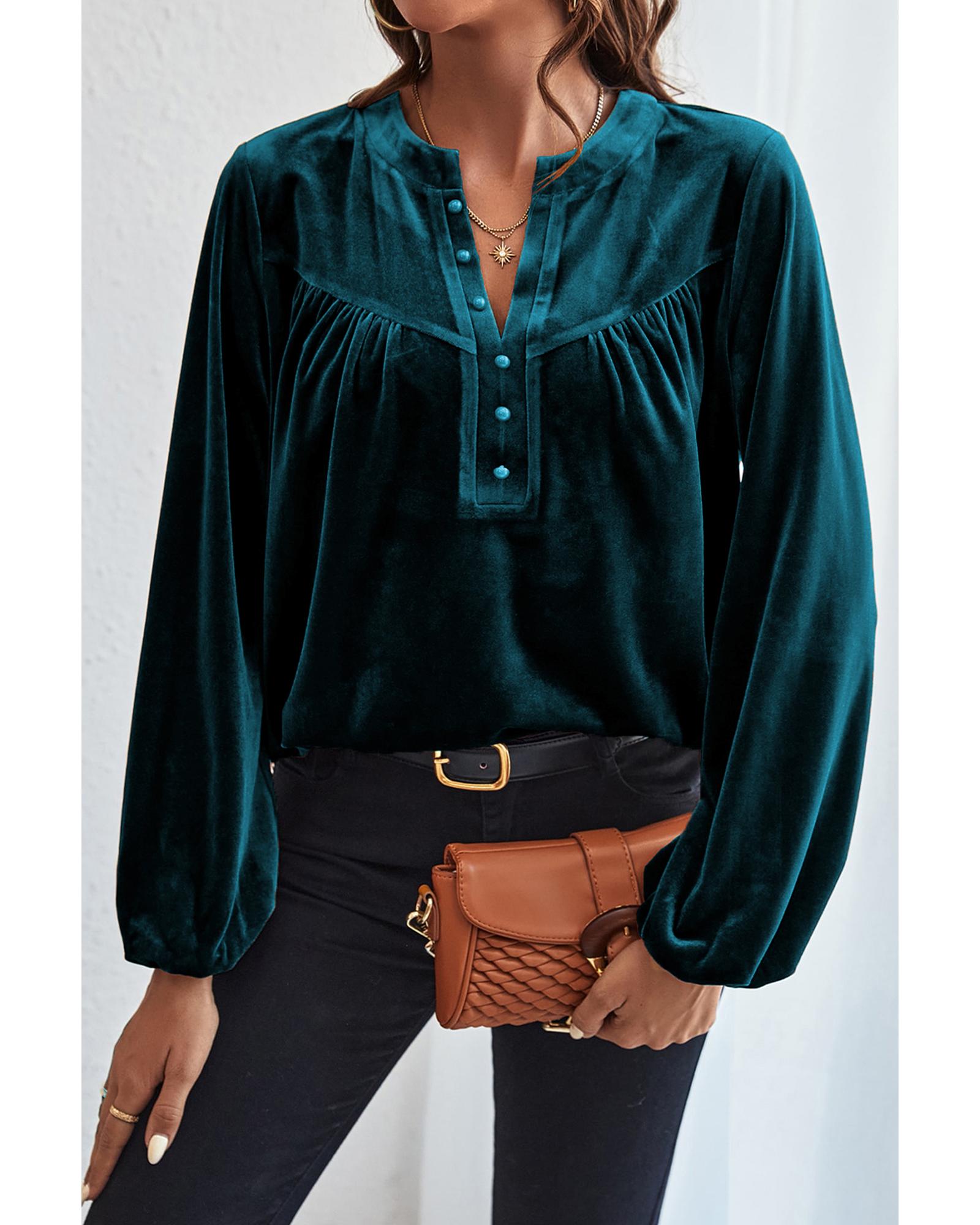 V539-AZEXDC25125101-P1809-XL-202508271350-00 Skobeloff Lantern Sleeve Beaded Split V Neck Velvet Top - XL - Image 1