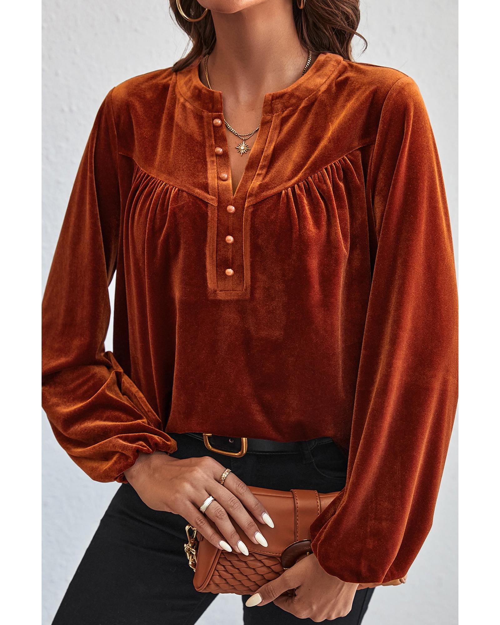 V539-AZEXDC25125101-P5014-S-202508271745-00 Gold Flame Lantern Sleeve Beaded Split V Neck Velvet Top - S - Image 1