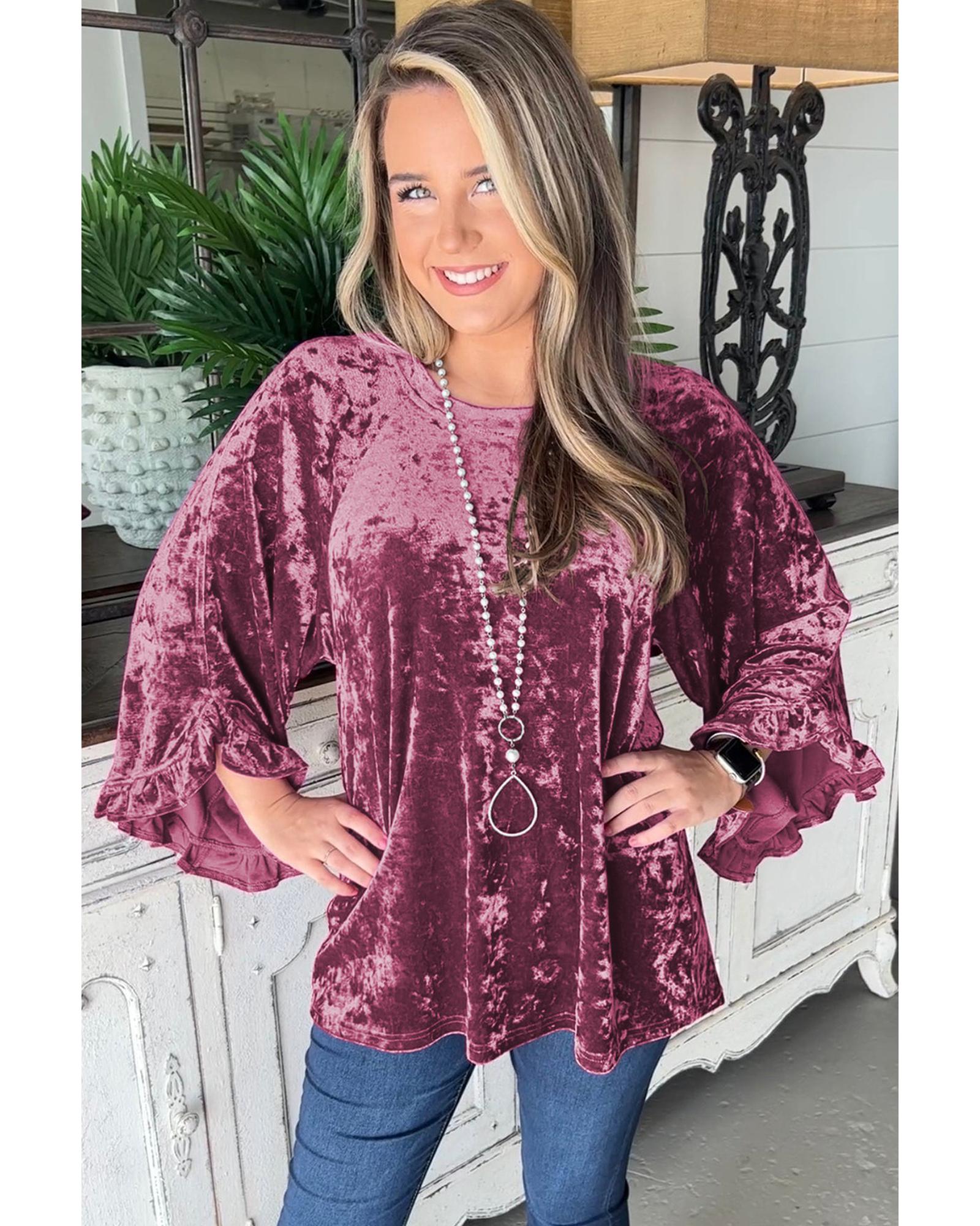 V539-AZEXDC25125347-P403-M-202508270445-00 Red Dahlia Velvet Pagoda Sleeve Crew Neck Top - M - Image 1