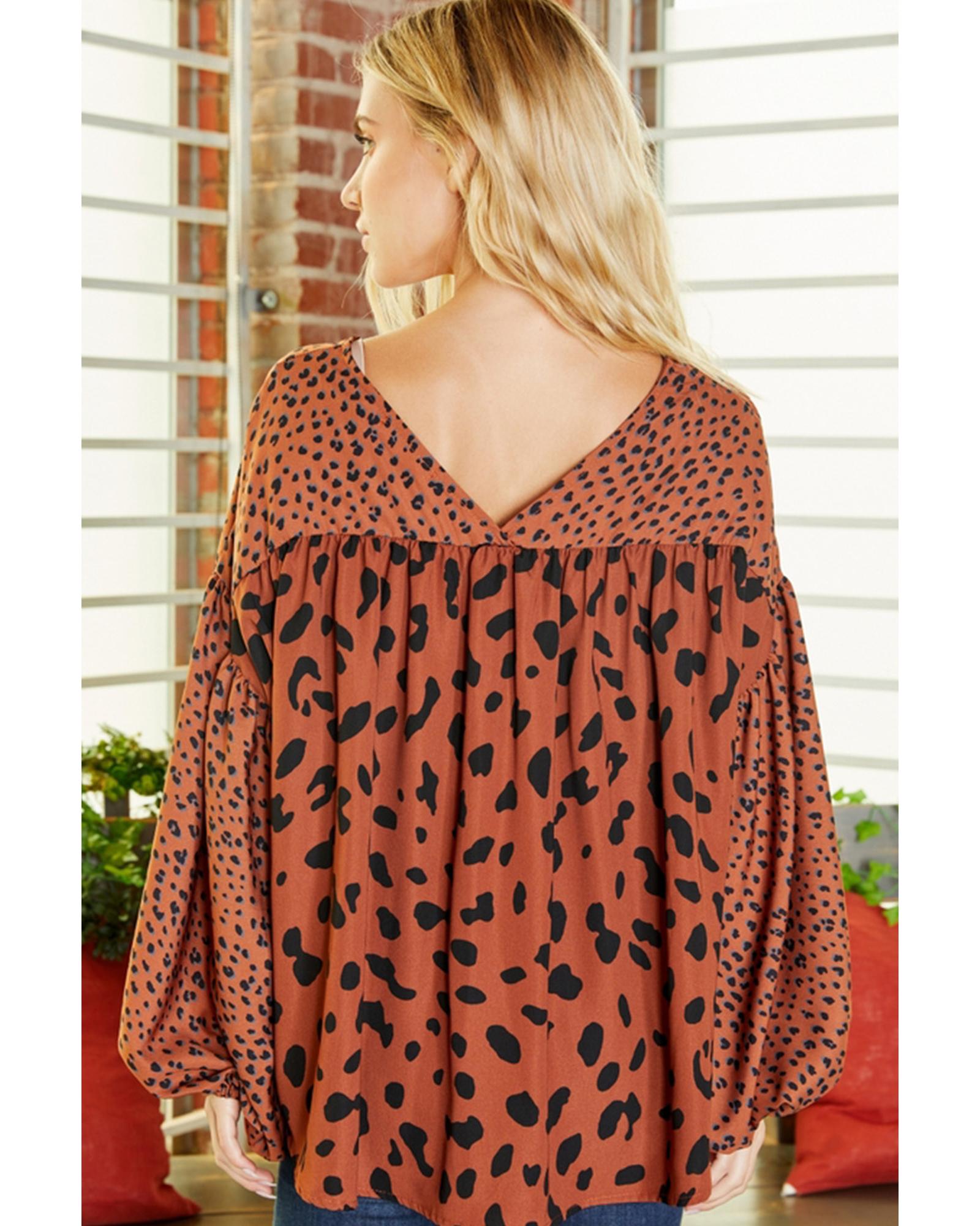 V539-AZEXDC25125445-P1720-M-202508271230-00 Brown Contrast Leopard Print Bubble Sleeve Blouse - M - Image 1