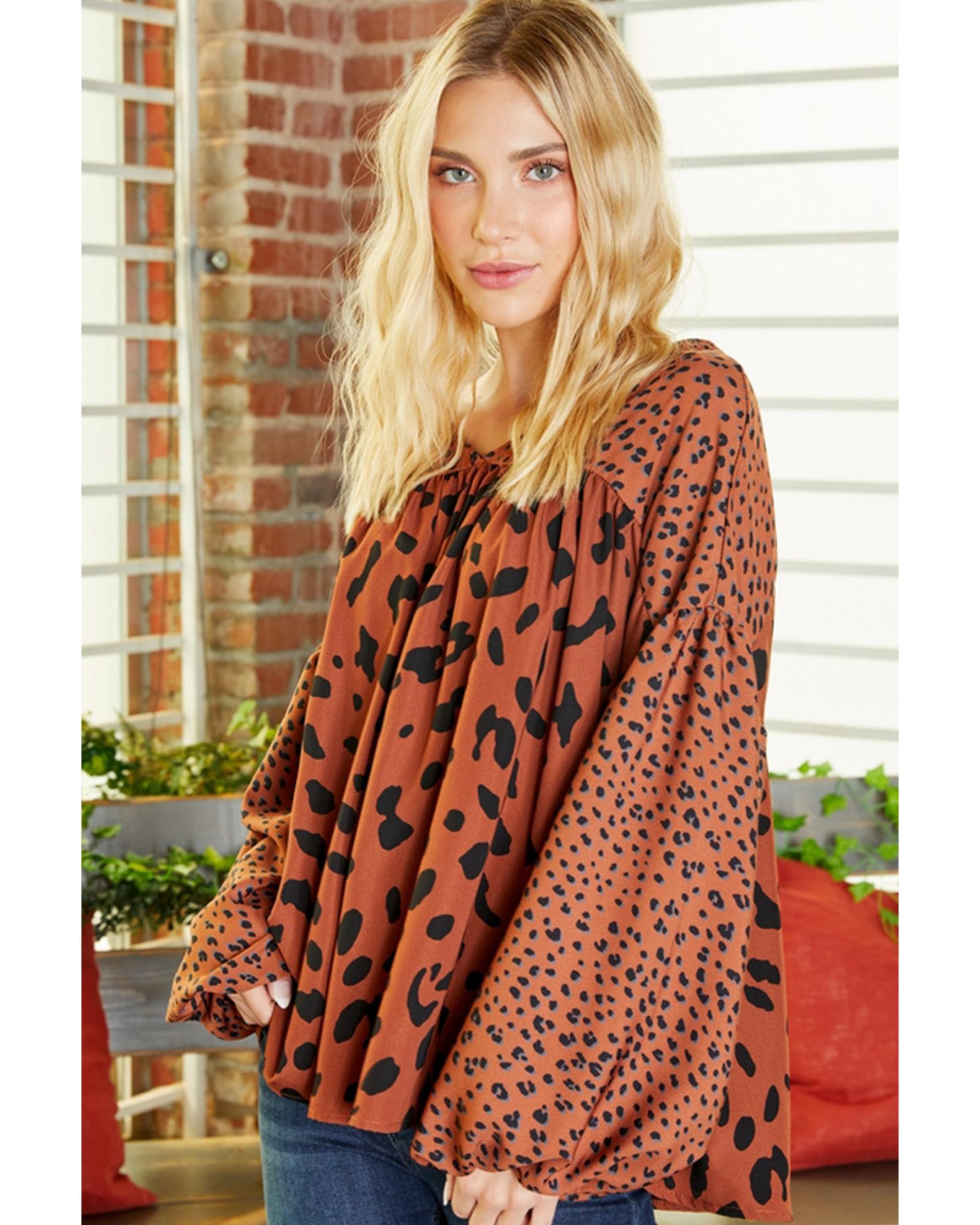 V539-AZEXDC25125445-P1720-S-202506191711-00 Brown Contrast Leopard Print Bubble Sleeve Blouse - S - Image 1