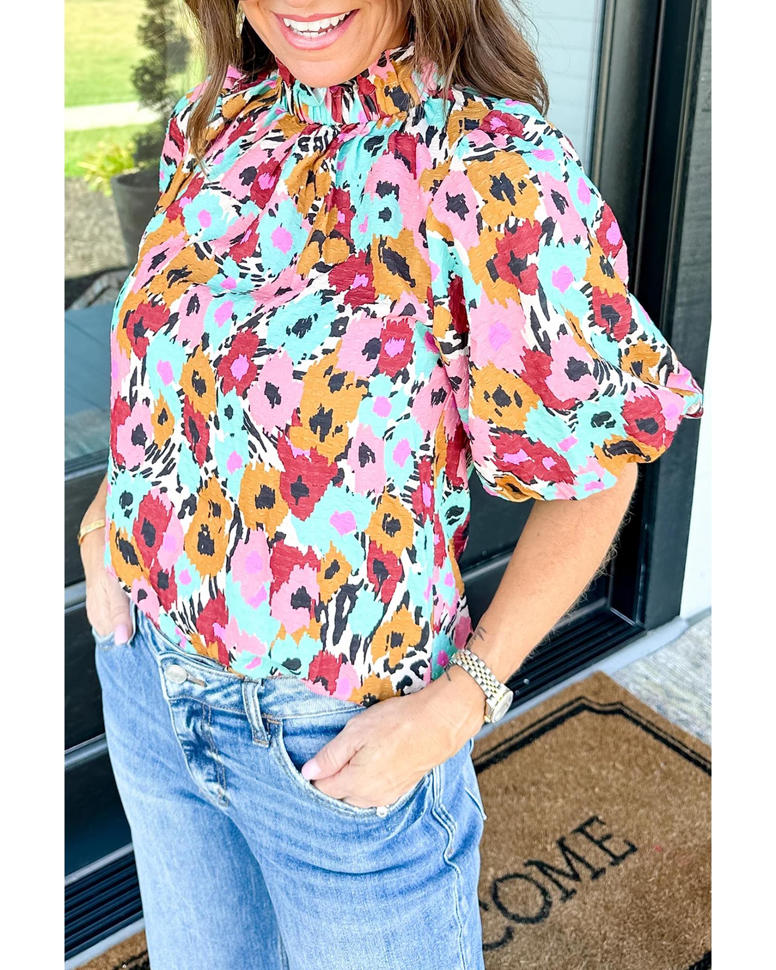 V539-AZEXDC25125694-P122-M-202506191712-00 White Frilled High Neck Buttons Back Floral Blouse - M - Image 1