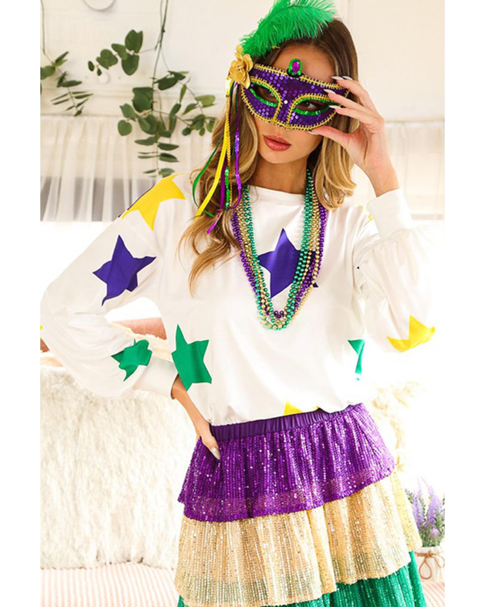 V539-AZEXDC25125870-P1-XL-202508270735-00 White Mardi Gras Star Printed Long Sleeve Top - XL - Image 1