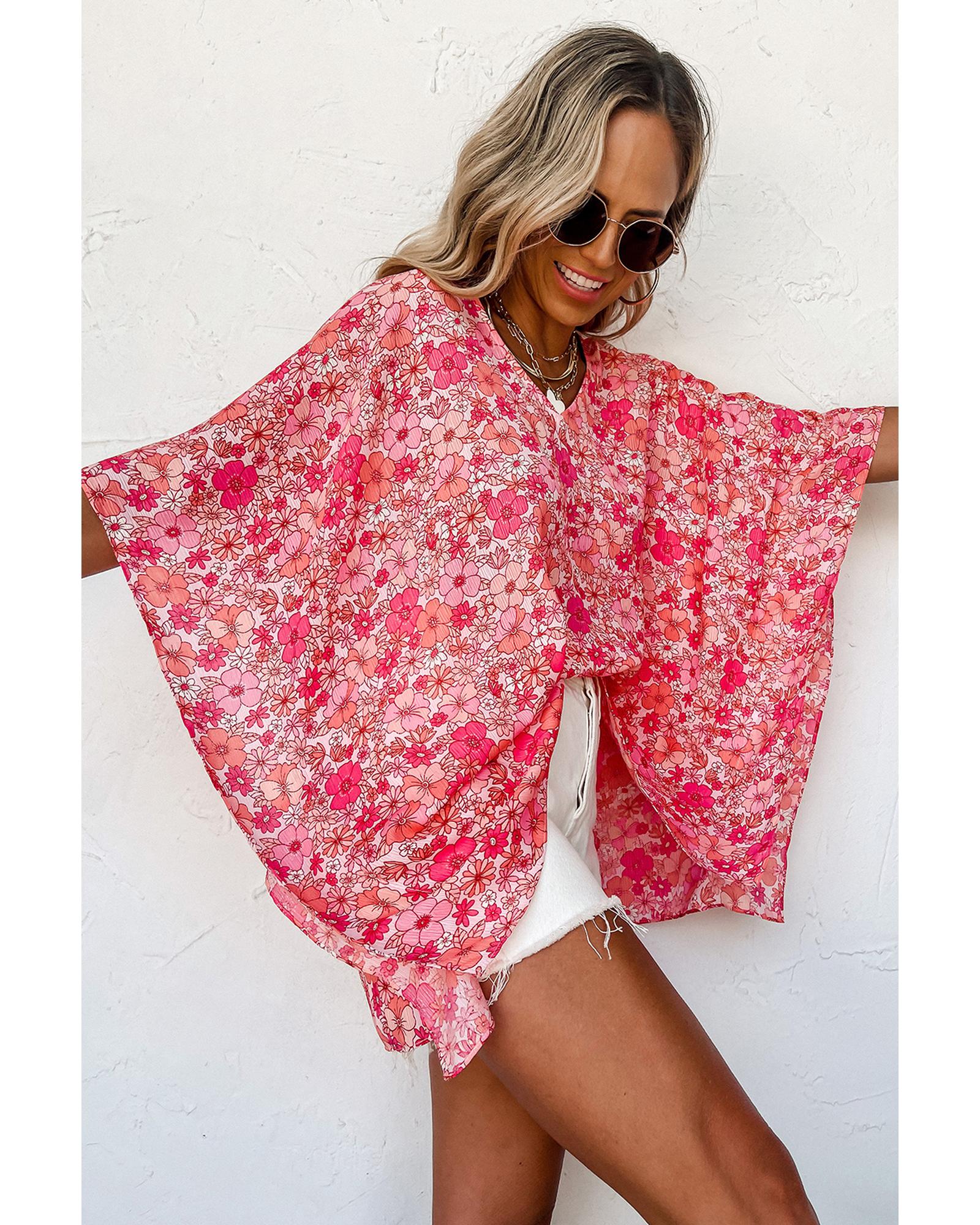 V539-AZEXDC25126117-P1020-L-202508272220-00 Pink Boho Floral V Neck Kimono Style Blouse - L - Image 1