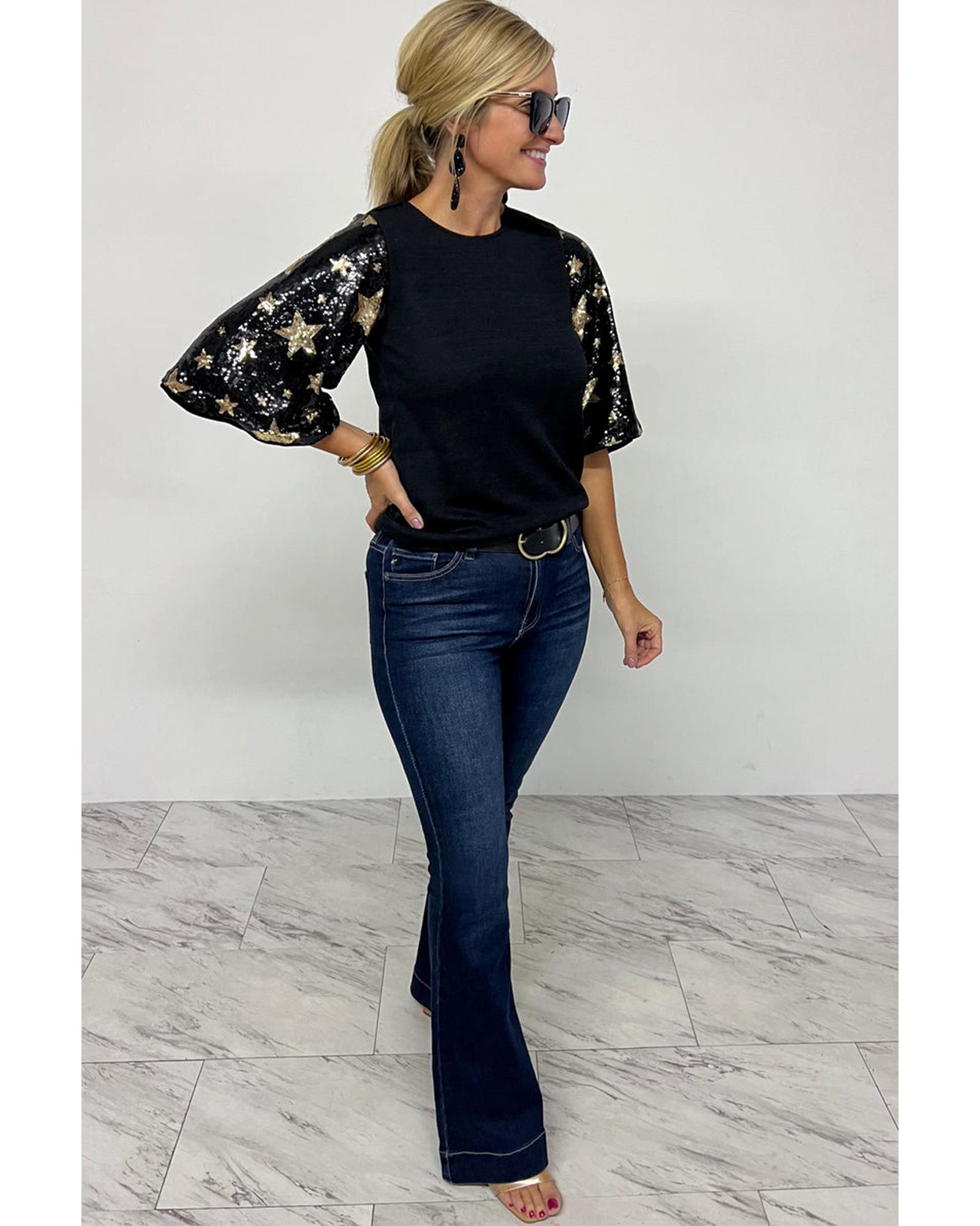 V539-AZEXDC25126186-P2-L-202508270545-00 Black Star Sequin Splicing Half Sleeve Top - L - Image 1