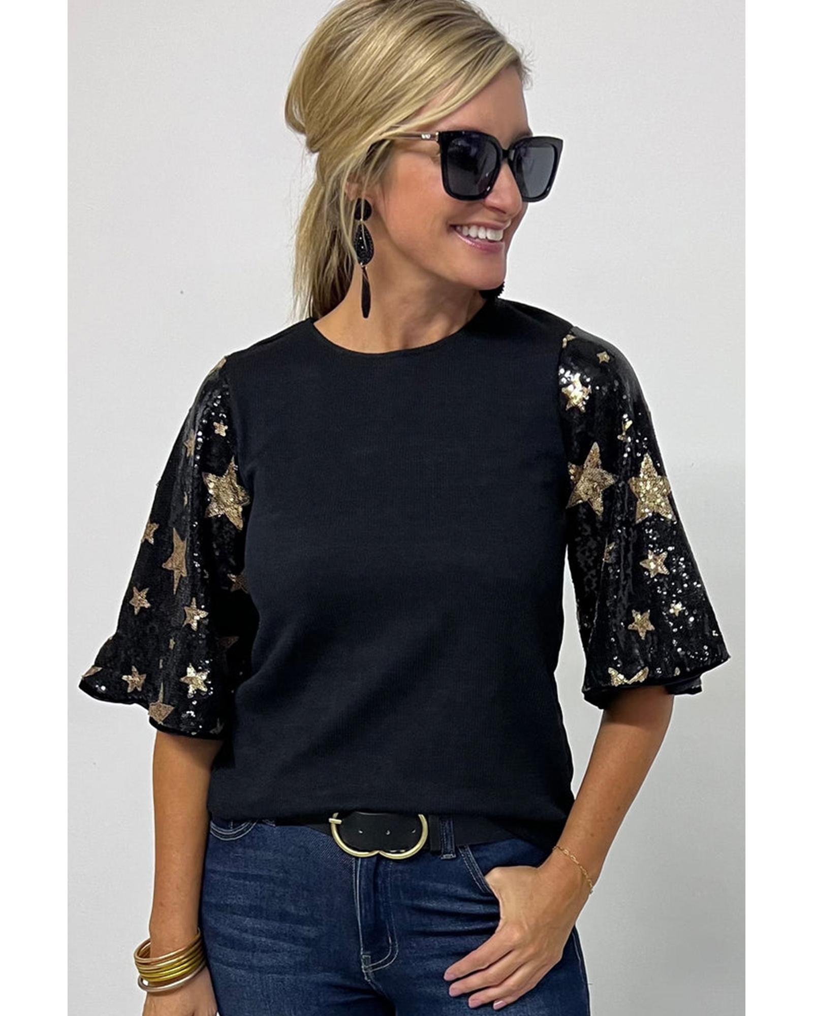 V539-AZEXDC25126186-P2-M-202508270725-00 Black Star Sequin Splicing Half Sleeve Top - M - Image 1