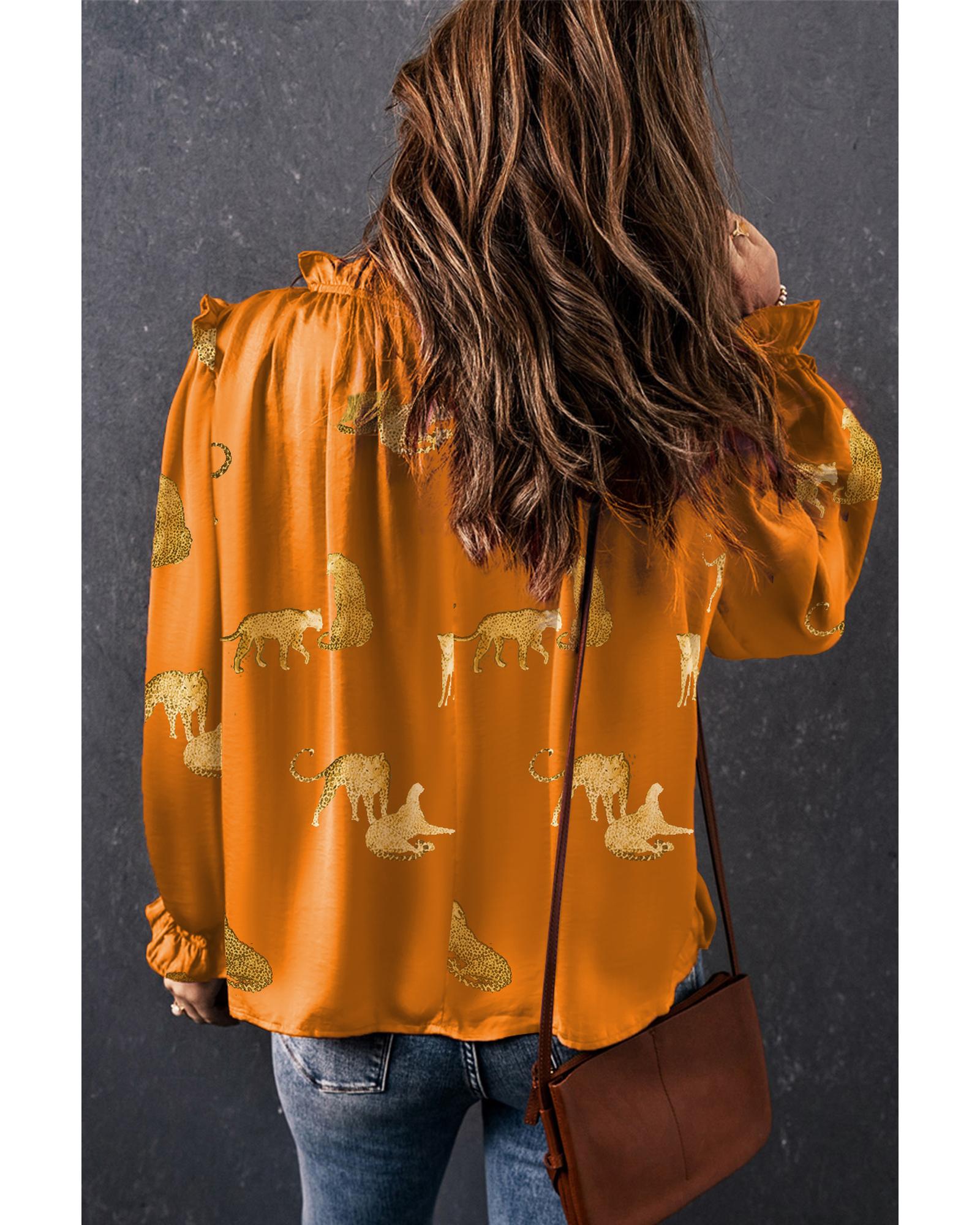 V539-AZEXDC25126228-P1420-L-202508270900-00 Orange Cheetah Printed Ruffled Sleeve Blouse - L - Image 1