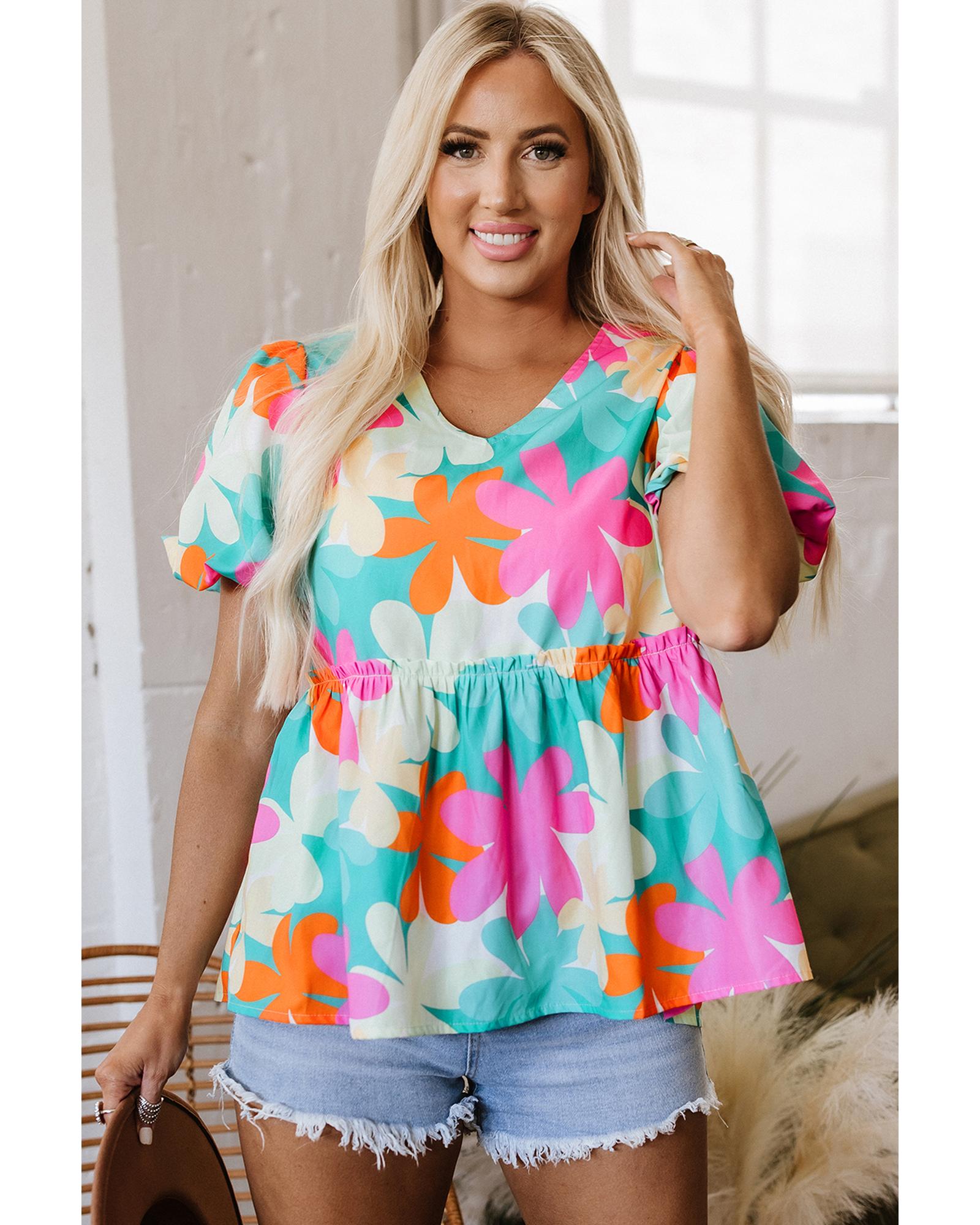 V539-AZEXDC25126253-P1020-S-202506120122-00 Pink Floral Print Bubble Sleeve V Neck Peplum Blouse - S - Image 1
