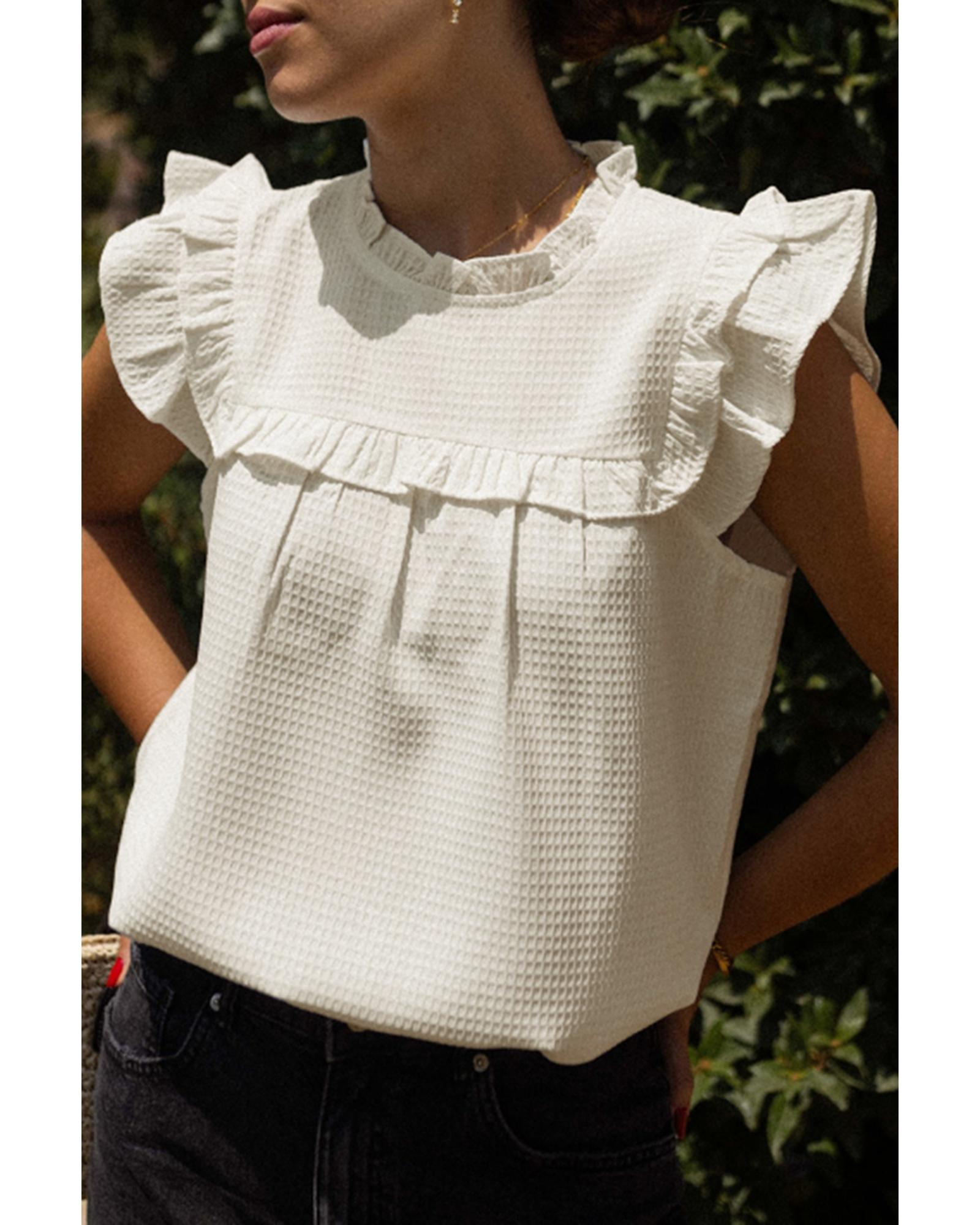 V539-AZEXDC25126313-P1-XL-202508271225-00 White Solid Color Ruffle Trim Waffle Knit Blouse - XL - Image 1