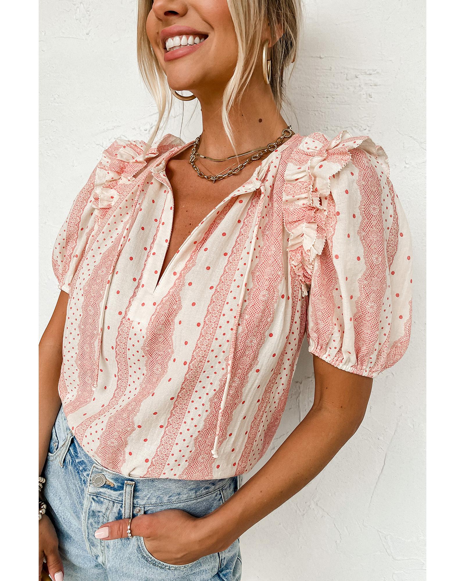 V539-AZEXDC25126368-P320-L-202508272005-00 Red Frilled Short Puff Sleeve Mixed Print Blouse - L - Image 1