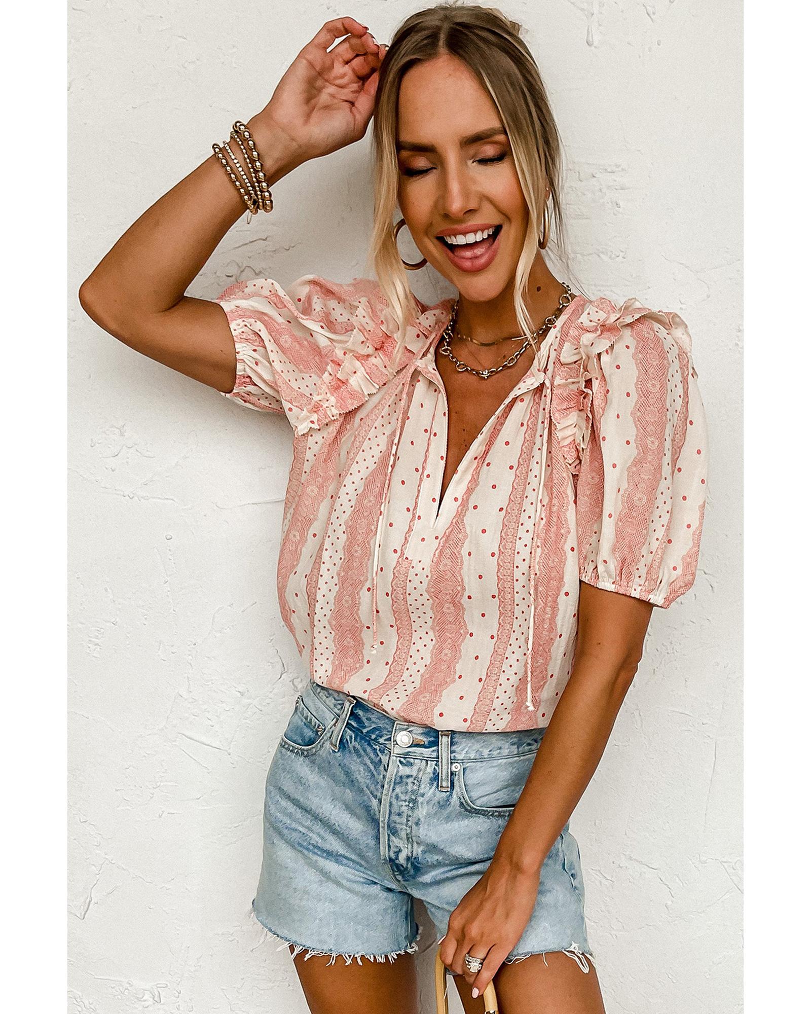 V539-AZEXDC25126368-P320-XL-202508270145-00 Red Frilled Short Puff Sleeve Mixed Print Blouse - XL - Image 1