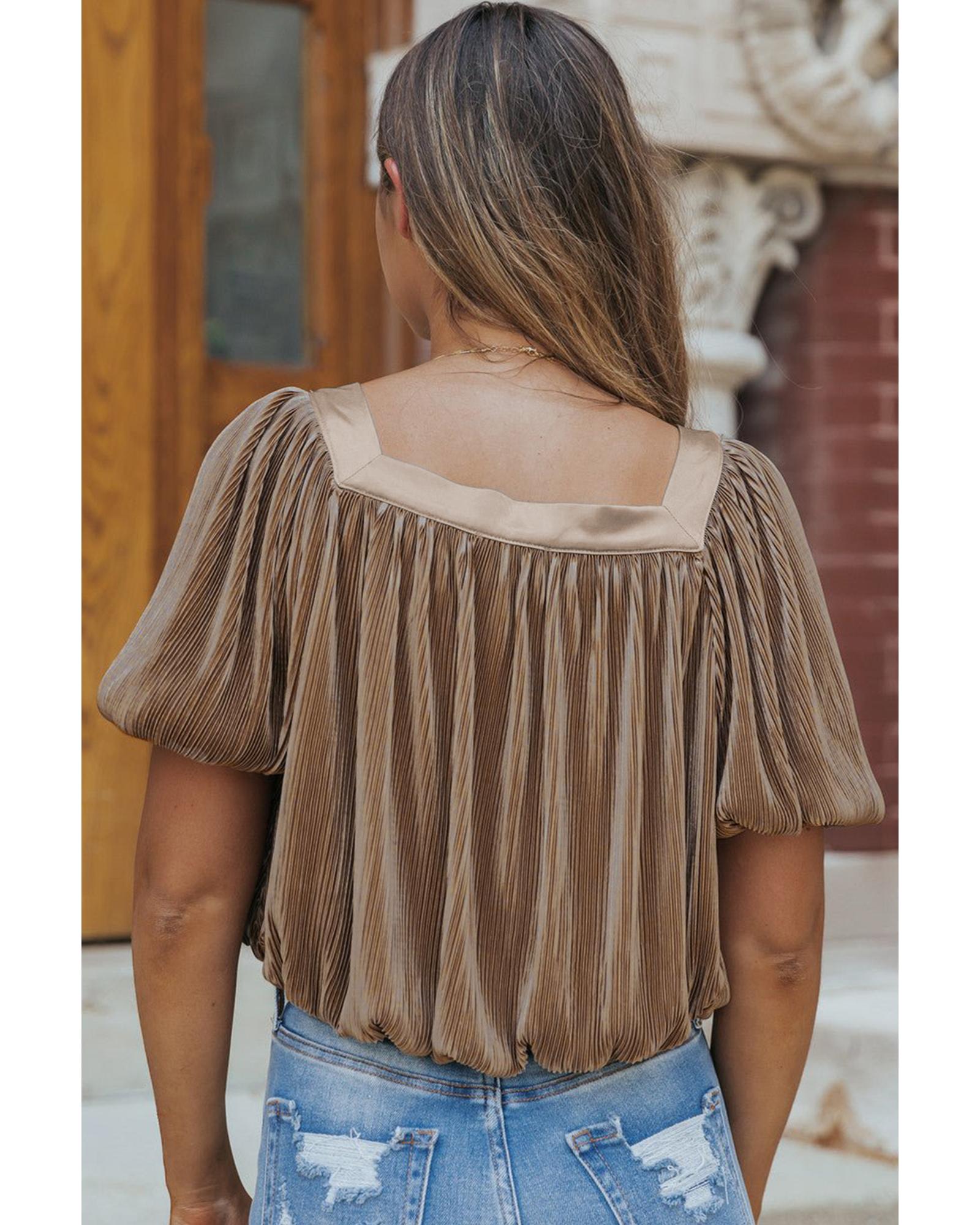 V539-AZEXDC25126446-P6017-M-202508271120-00 Simply Taupe Pleated Puff Sleeve Square Neck Blouse - M - Image 1