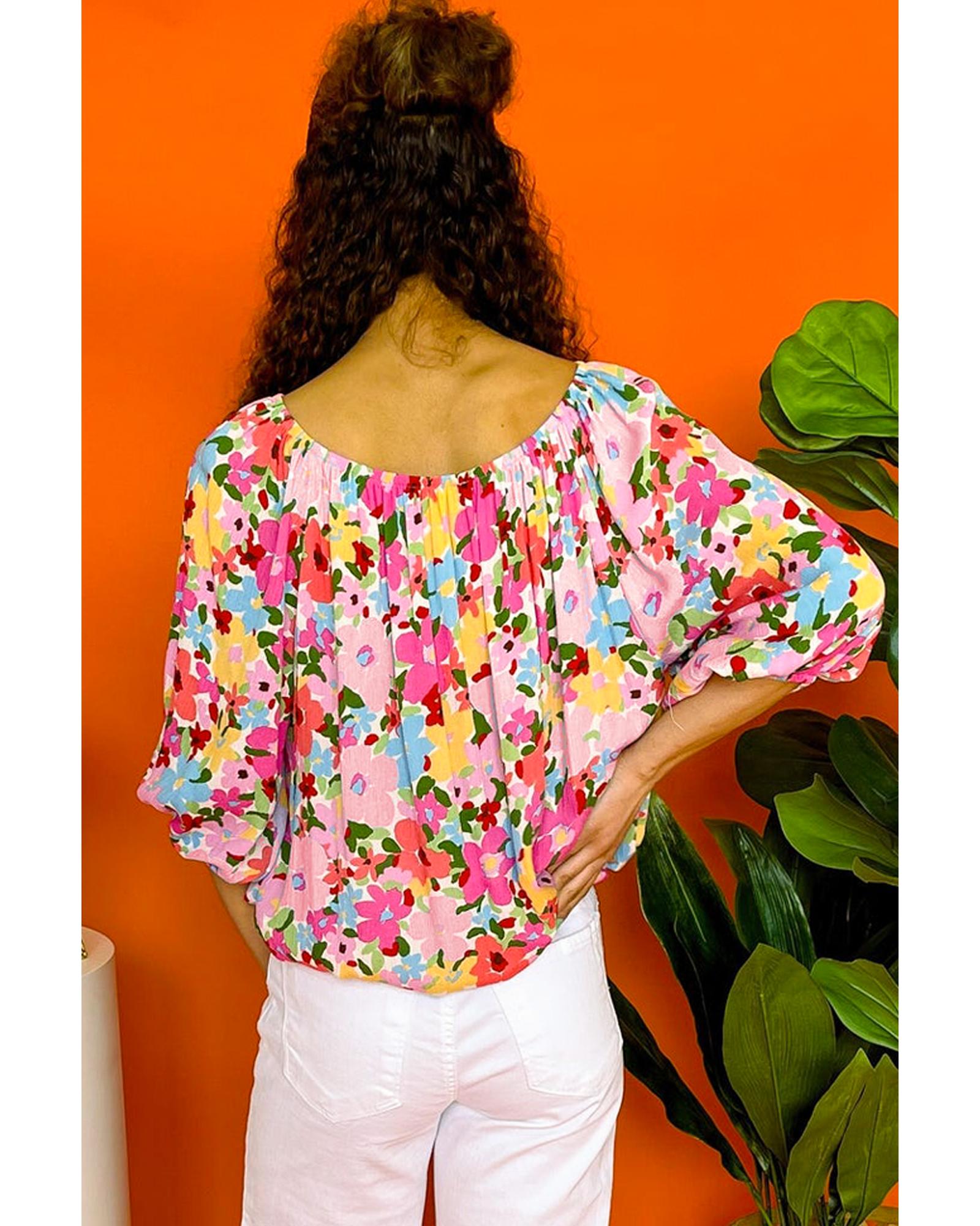 V539-AZEXDC25126453-P320-S-202506120840-00 Red Floral Print Puff Sleeve Pleated Elastic Neckline Blouse - S - Image 1