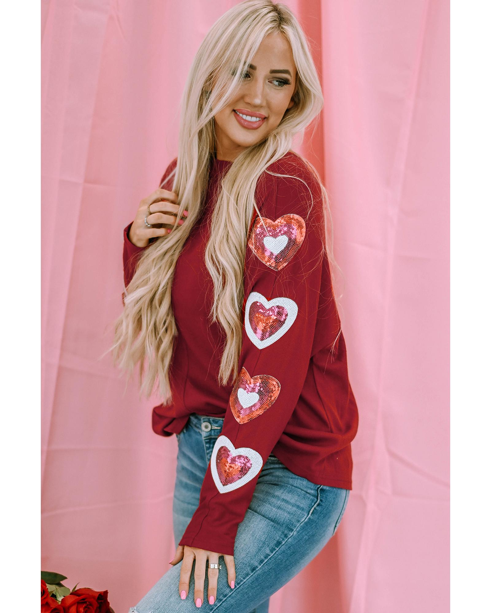 V539-AZEXDC25126508-3-L-202508270145-00 Red Sequined Heart Printed Sleeves Valentine Fashion Top - L - Image 1
