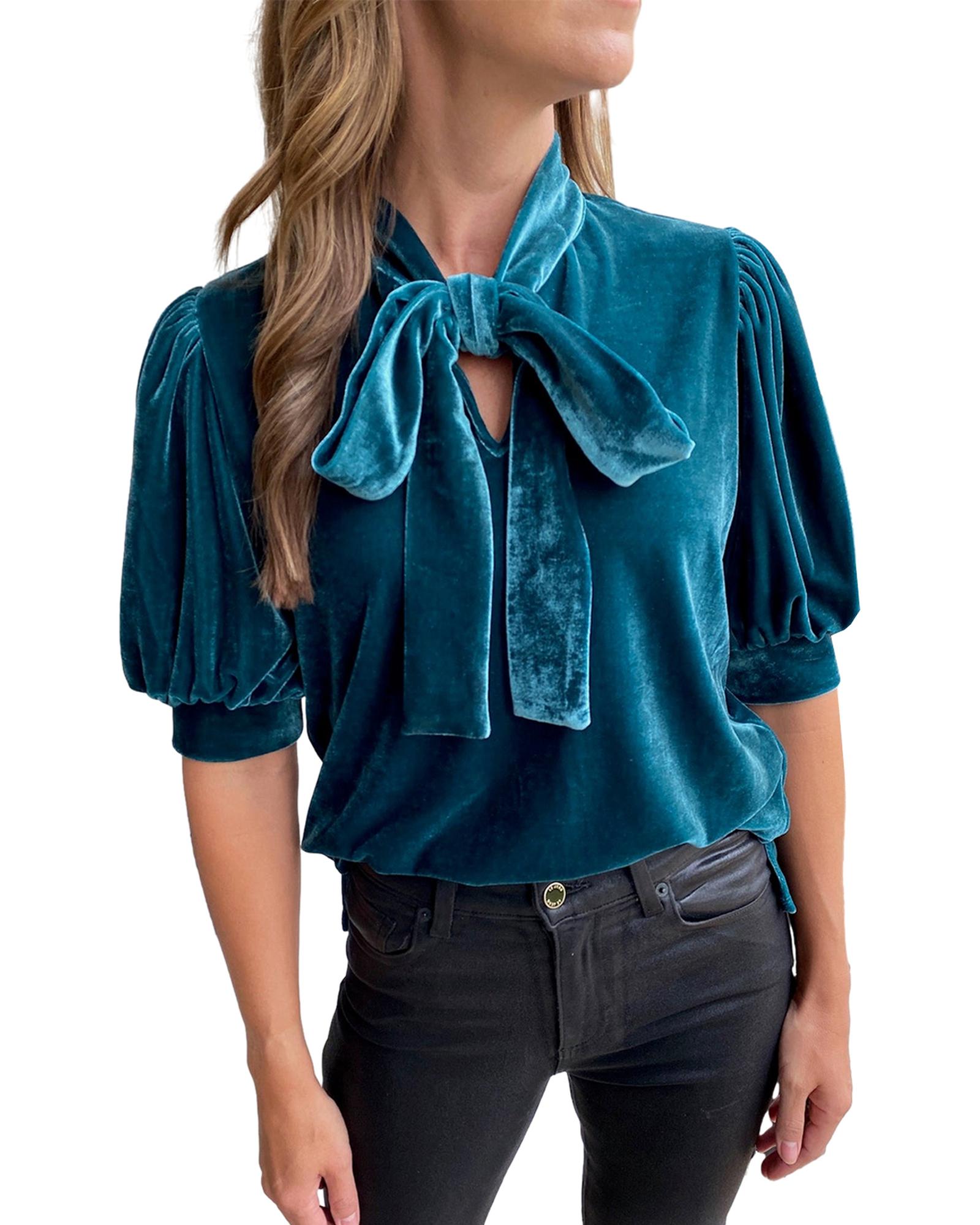 V539-AZEXDC25126584-P405-M-202508271035-00 Azura Exchange Peacock Blue Velvet Bow Tie Neck Short Sleeve Top - M - Image 1
