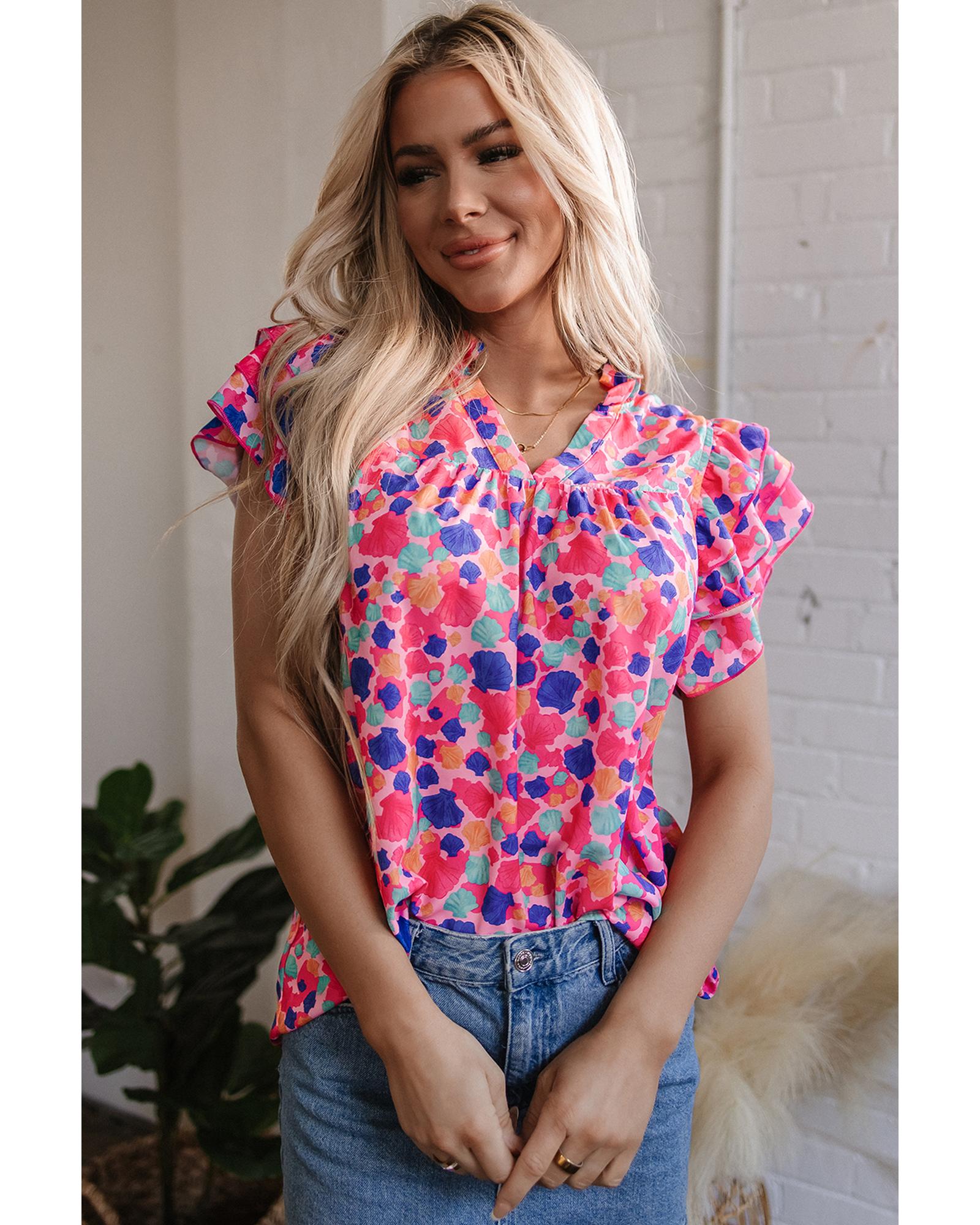 V539-AZEXDC25126678-P622-M-202508270940-00 Rose Red Abstract Print Ruffled Sleeve V Neck Blouse - M - Image 1